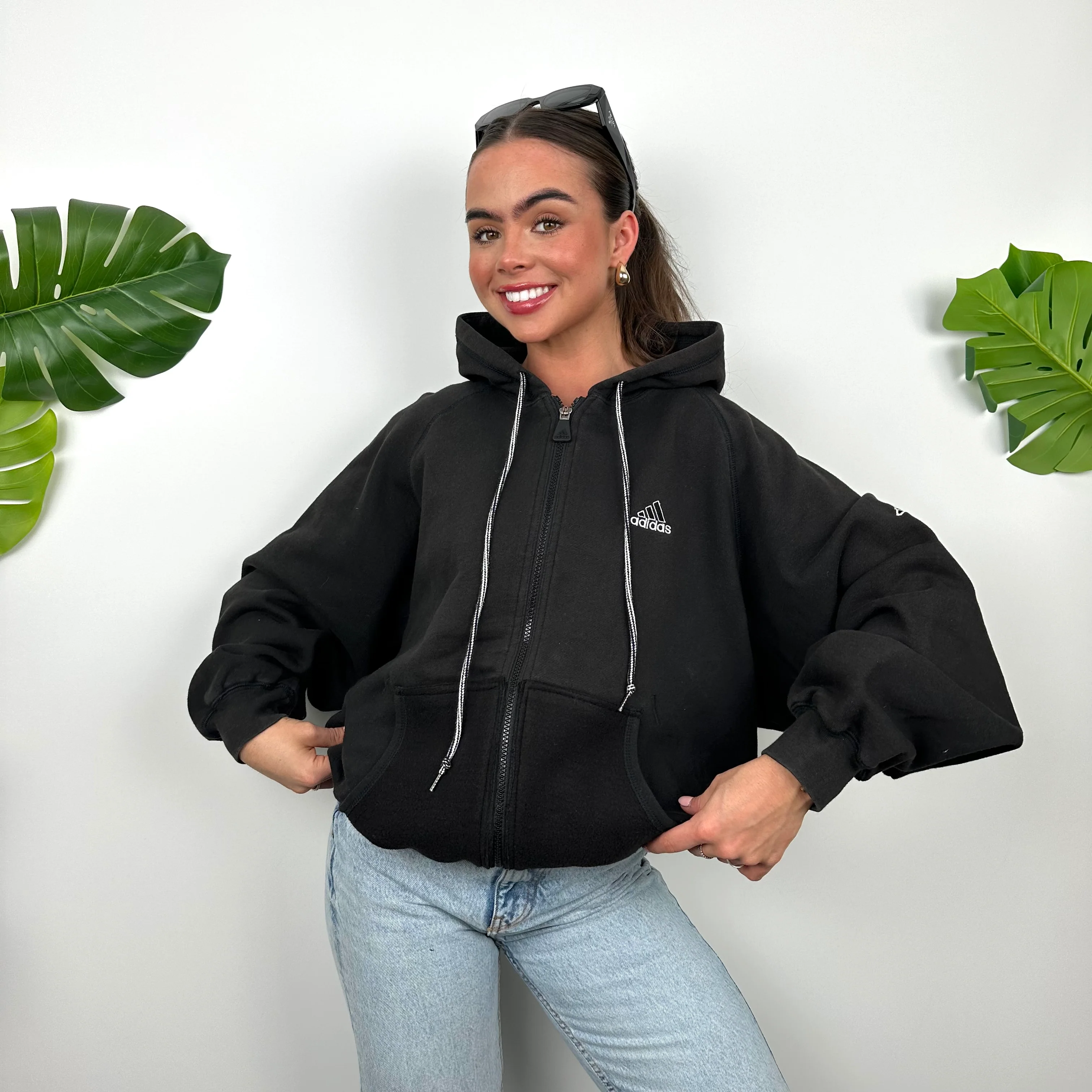 Adidas Black Embroidered Spell Out Zip Up Hoodie Jacket (M) - Image 3