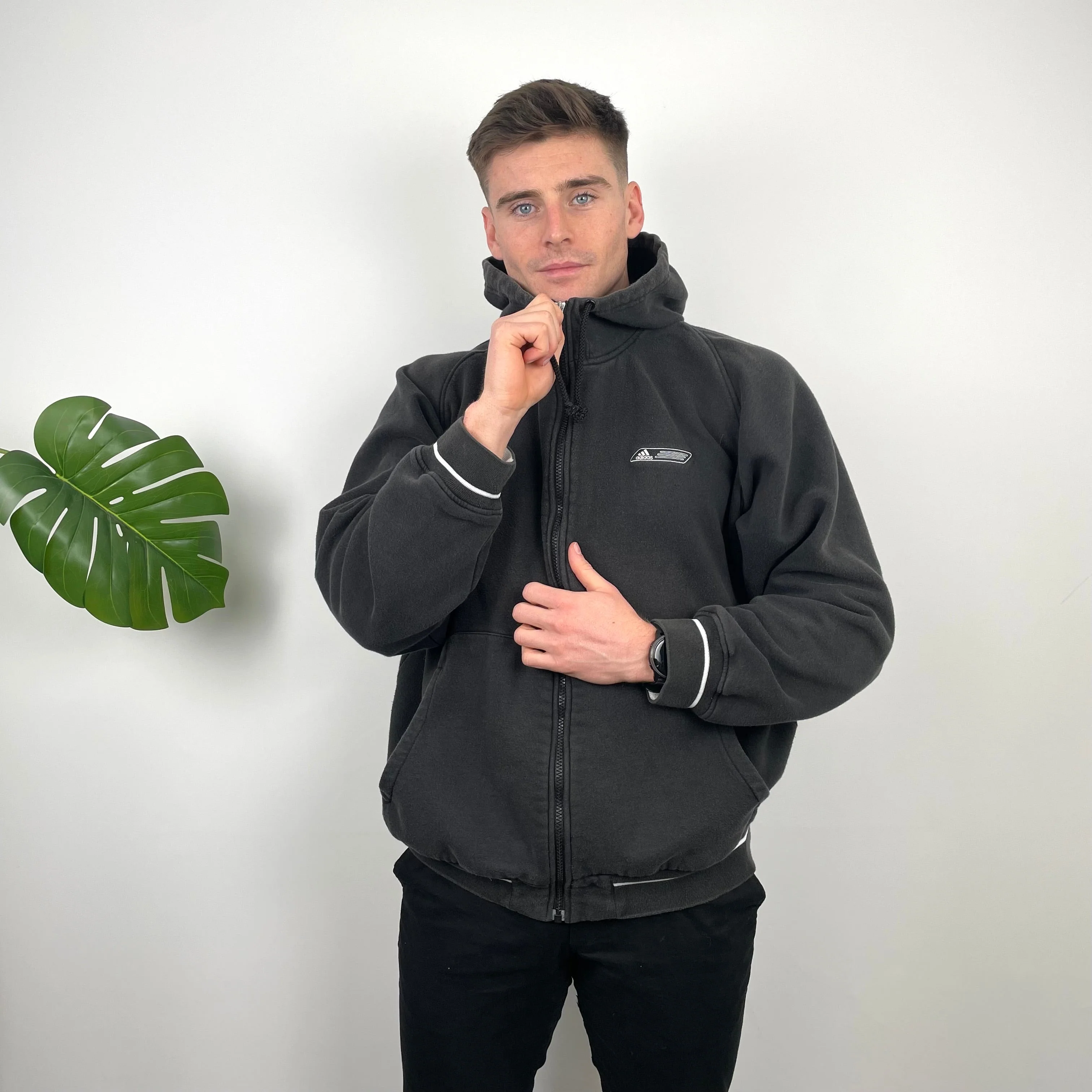 Adidas Black Embroidered Spell Out Zip Up Hoodie Jacket (M)