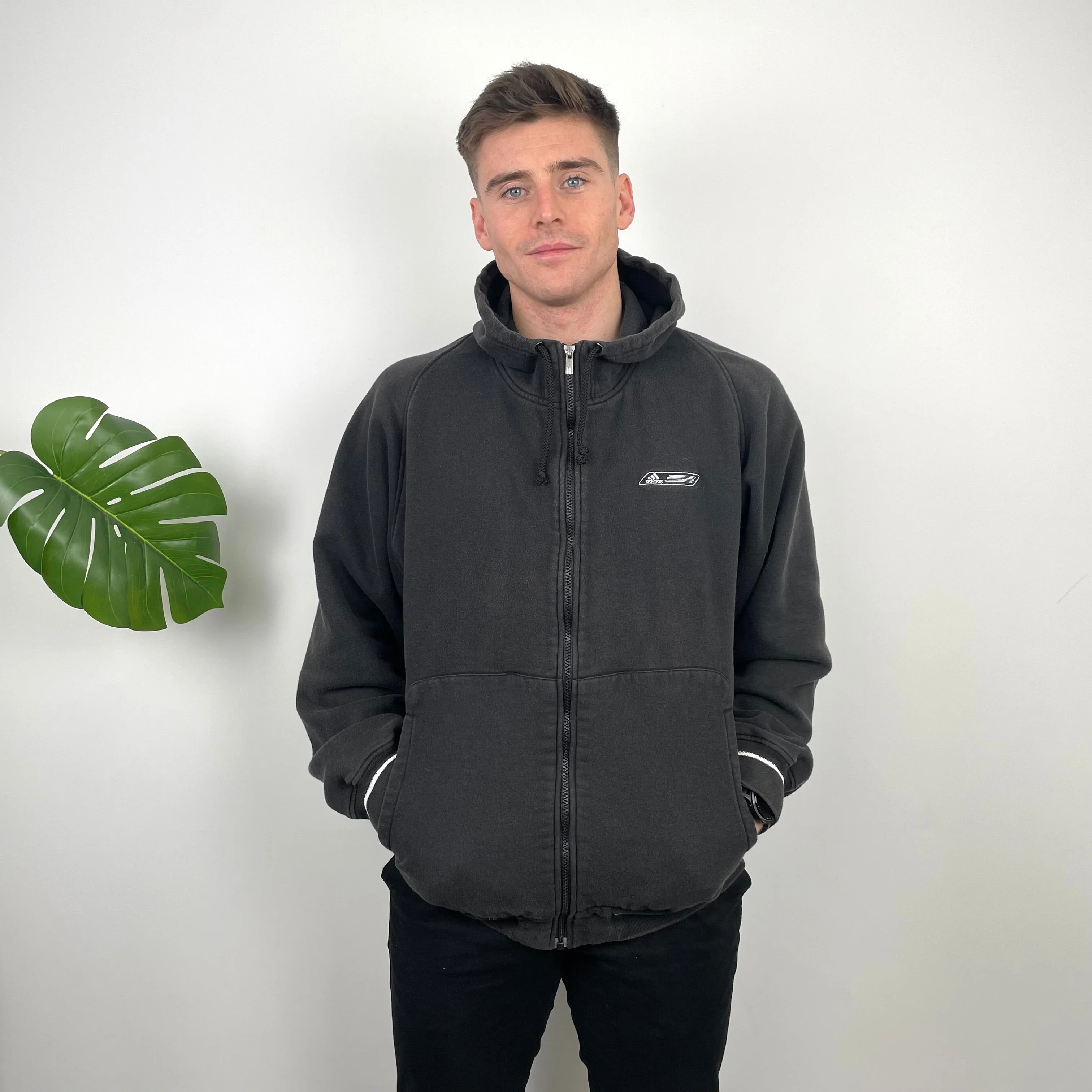 Adidas Black Embroidered Spell Out Zip Up Hoodie Jacket (M) - Image 3
