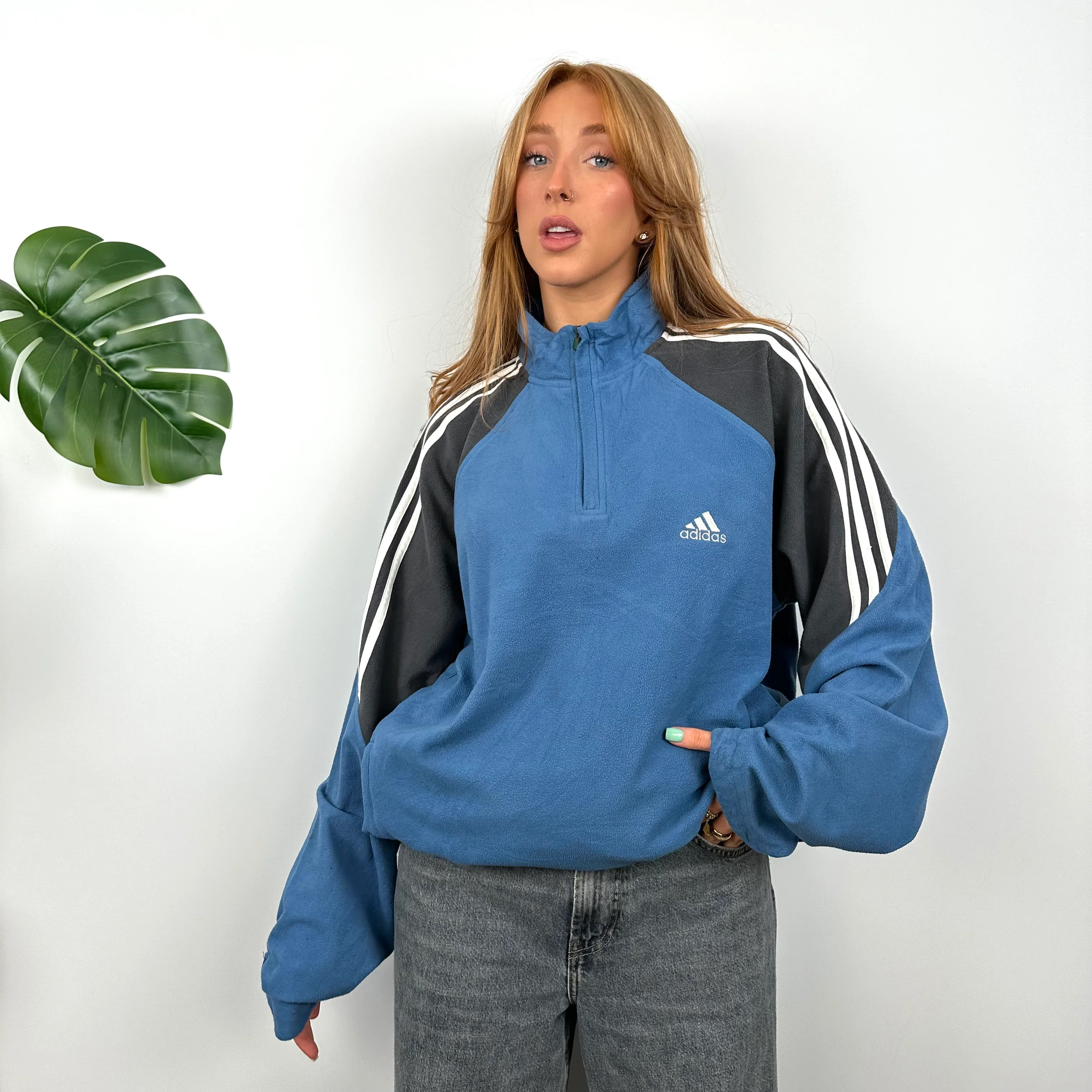 Adidas Blue & Black Embroidered Spell Out Teddy Bear Fleece Quarter Zip Sweatshirt (M) - Image 2
