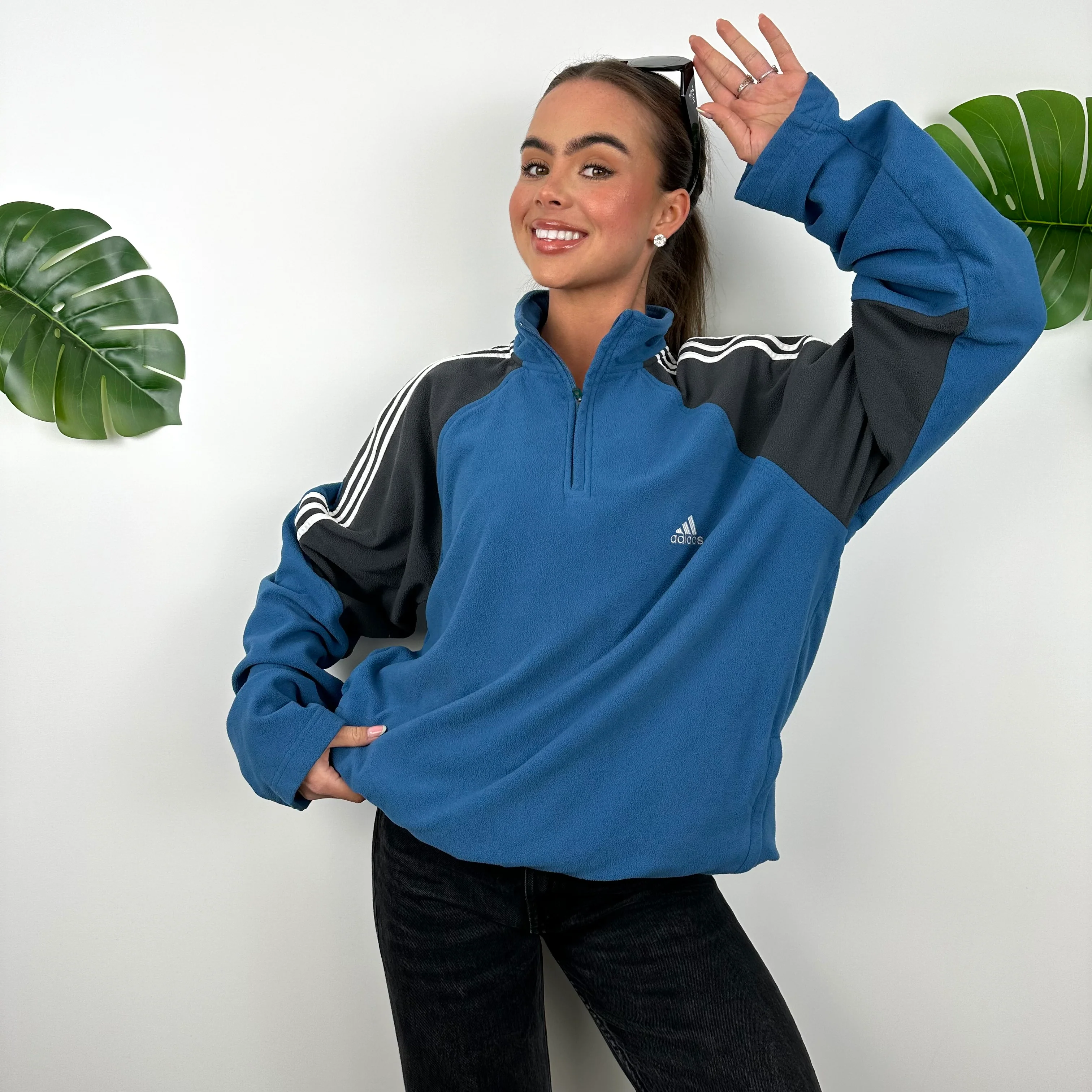 Adidas Blue & Black Embroidered Spell Out Teddy Bear Fleece Quarter Zip Sweatshirt (L) - Image 2