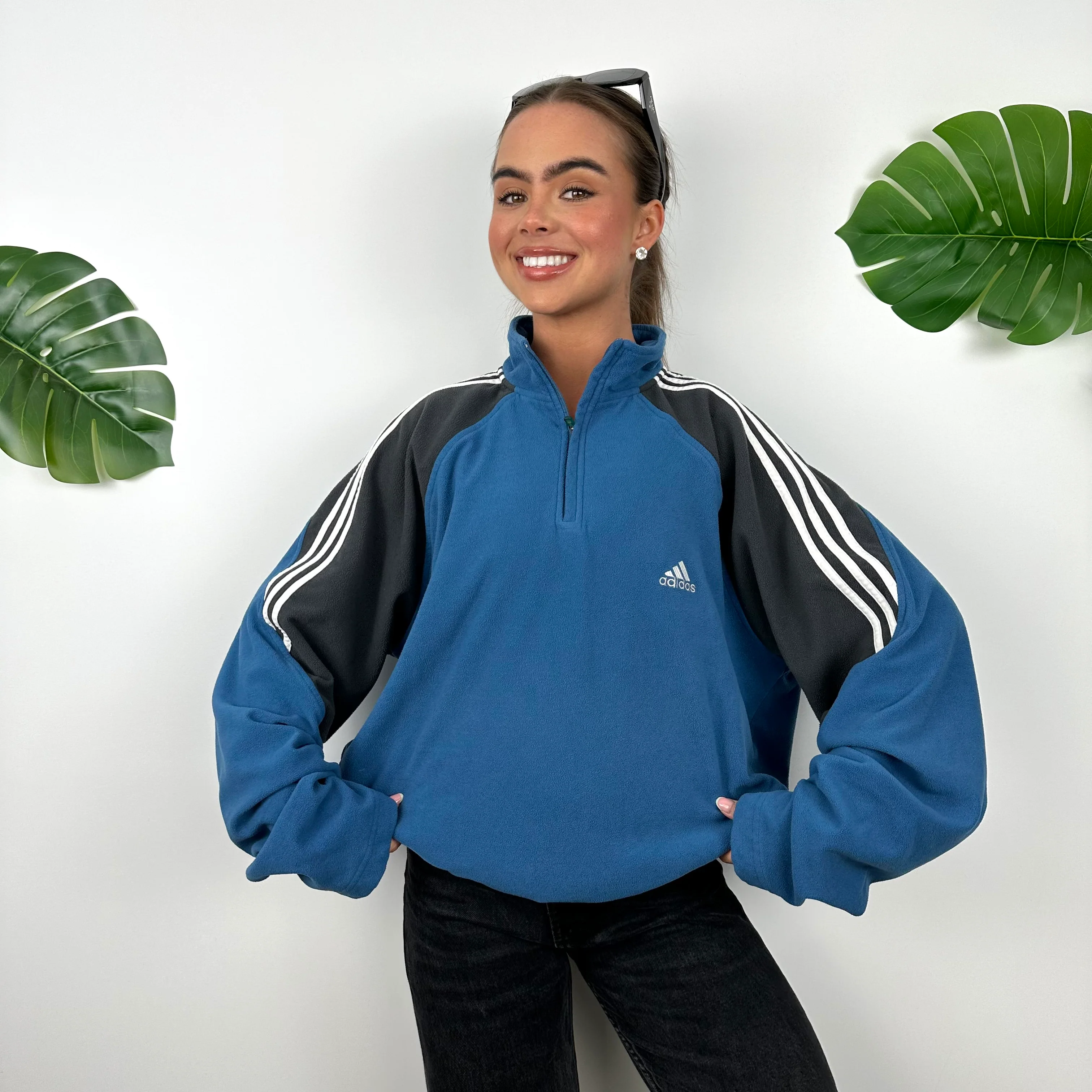 Adidas Blue & Black Embroidered Spell Out Teddy Bear Fleece Quarter Zip Sweatshirt (L) - Image 3