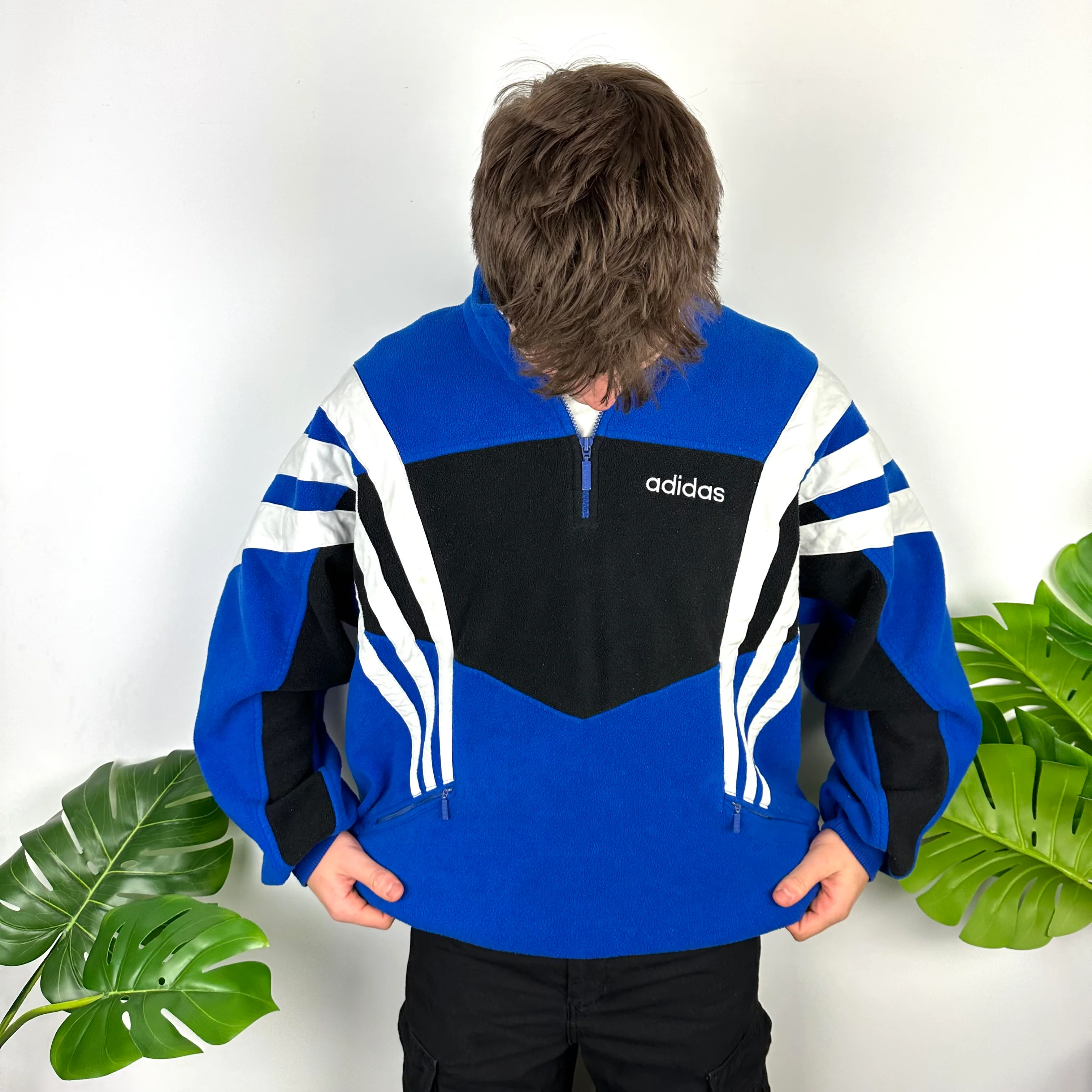 Adidas Blue Colour Block Embroidered Spell Out Teddy Bear Fleece Quarter Zip Sweatshirt (XL) - Image 2
