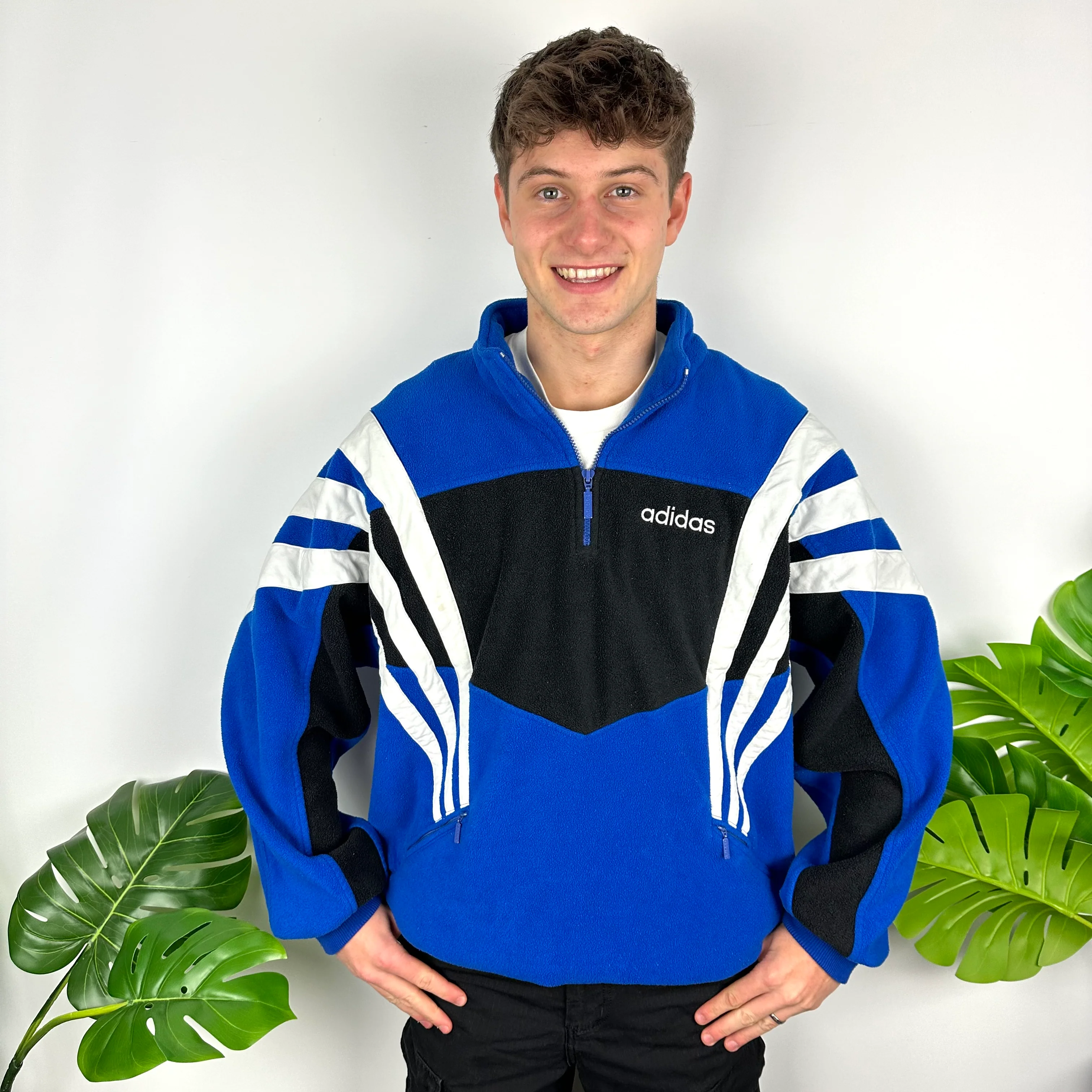 Adidas Blue Colour Block Embroidered Spell Out Teddy Bear Fleece Quarter Zip Sweatshirt (XL) - Image 3