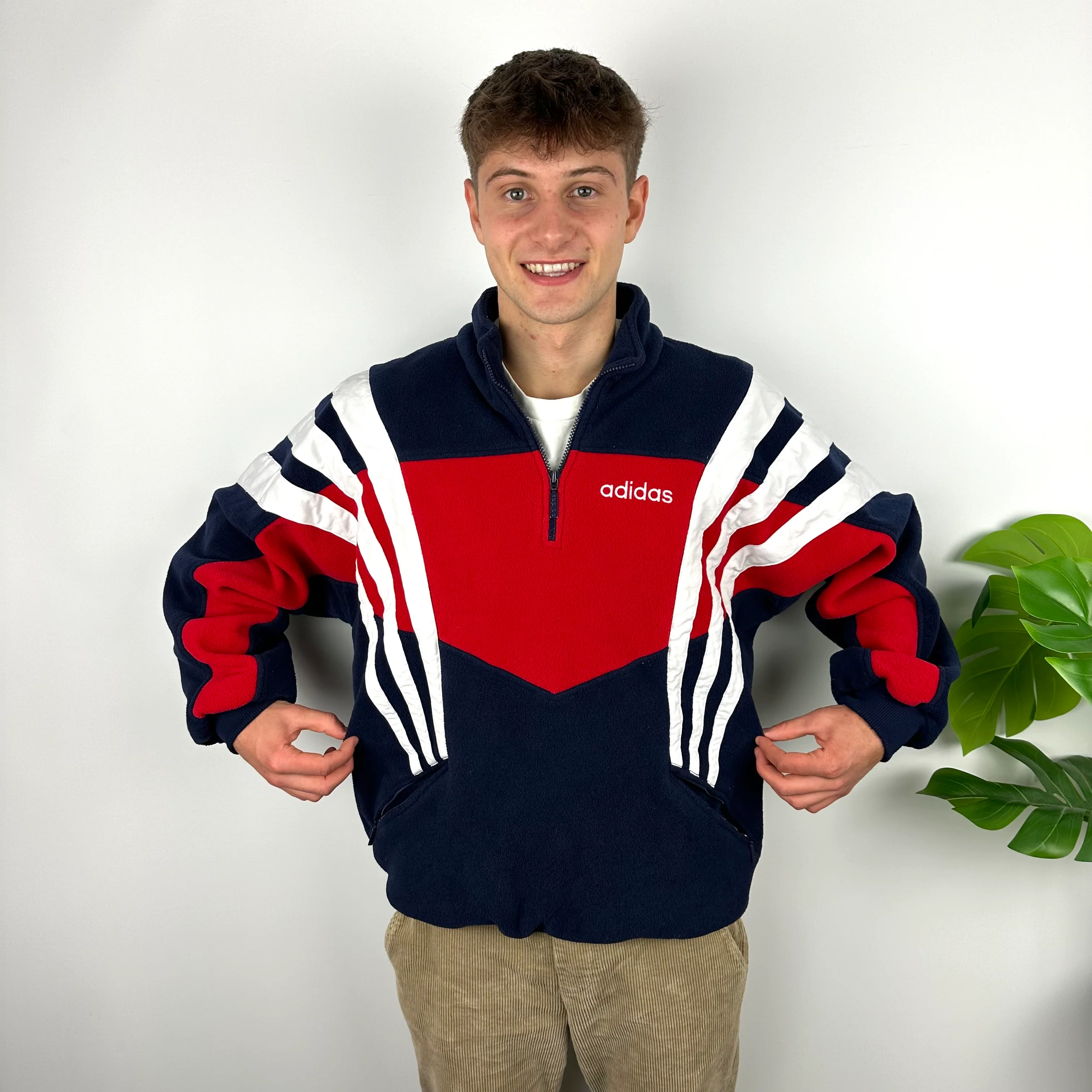 Adidas Blue Colour Block Embroidered Spell Out Teddy Bear Fleece Quarter Zip Sweatshirt (L) - Image 3