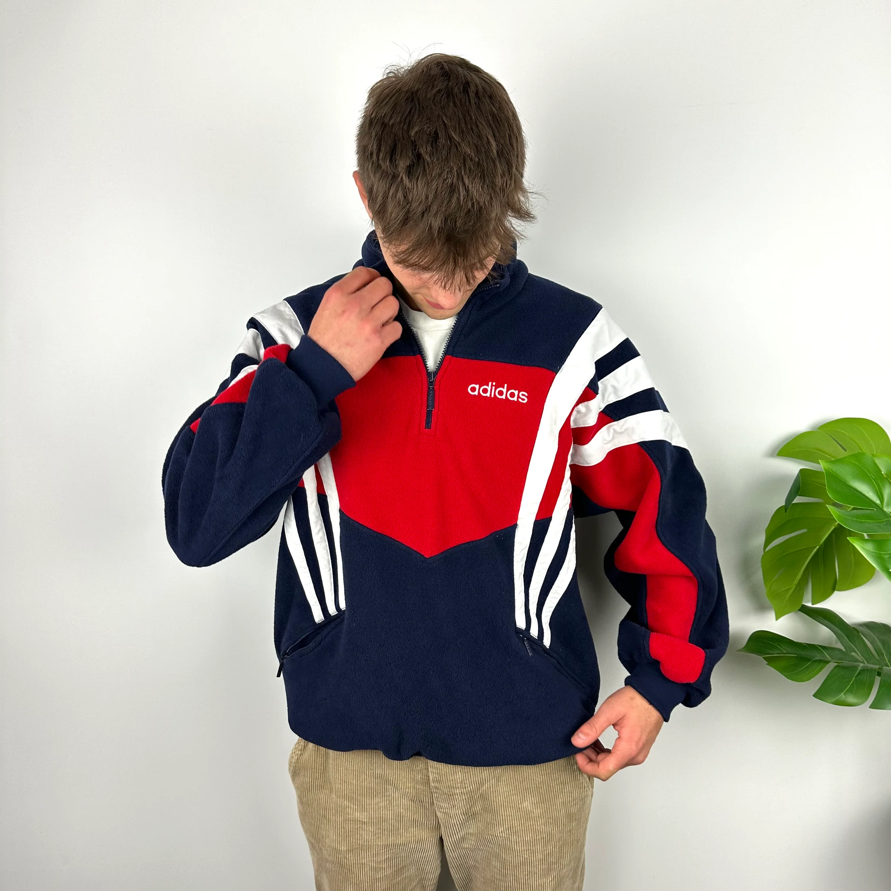 Adidas Blue Colour Block Embroidered Spell Out Teddy Bear Fleece Quarter Zip Sweatshirt (L) - Image 5