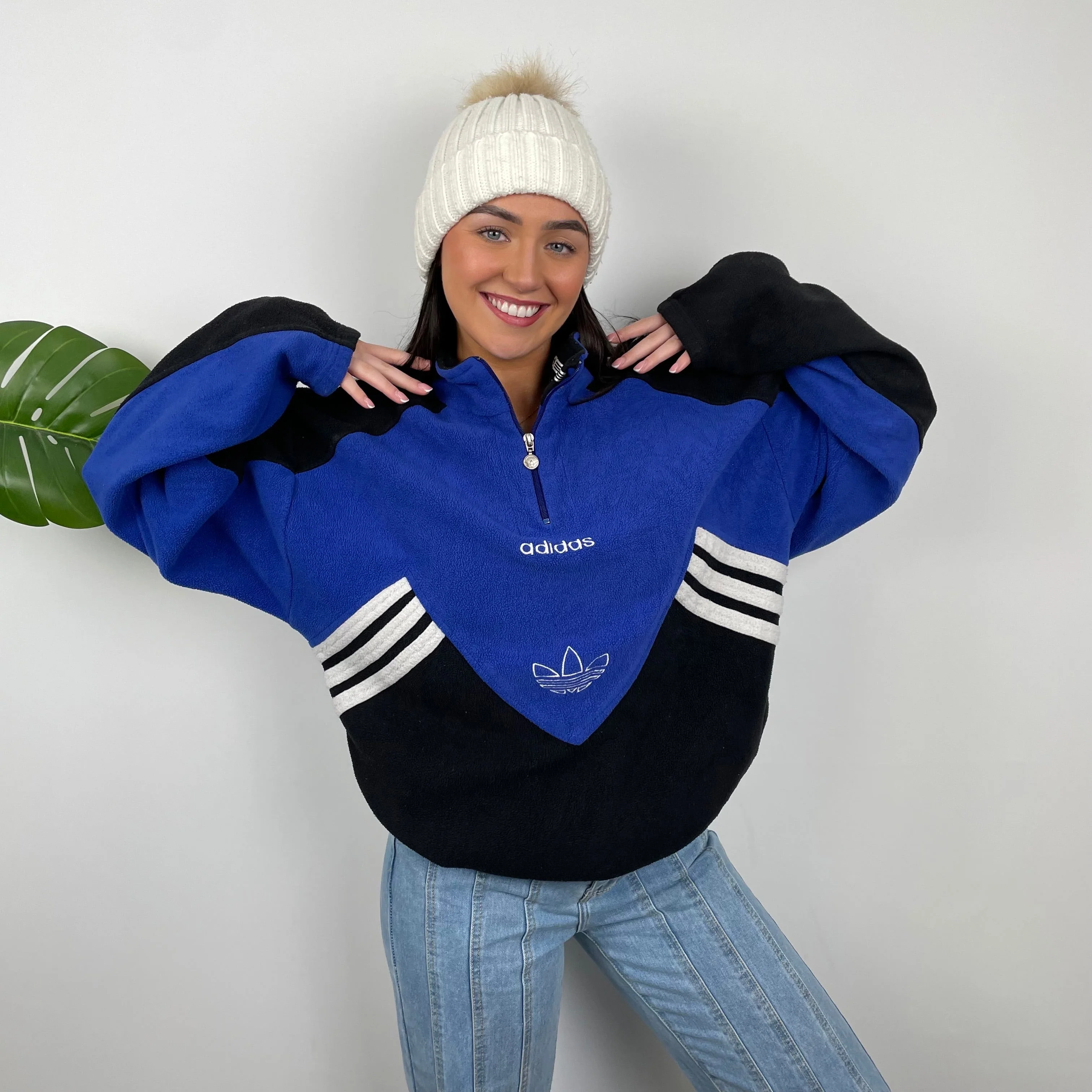 Adidas Blue Colour Block Embroidered Spell Out Teddy Bear Fleece Quarter Zip Sweatshirt (L)