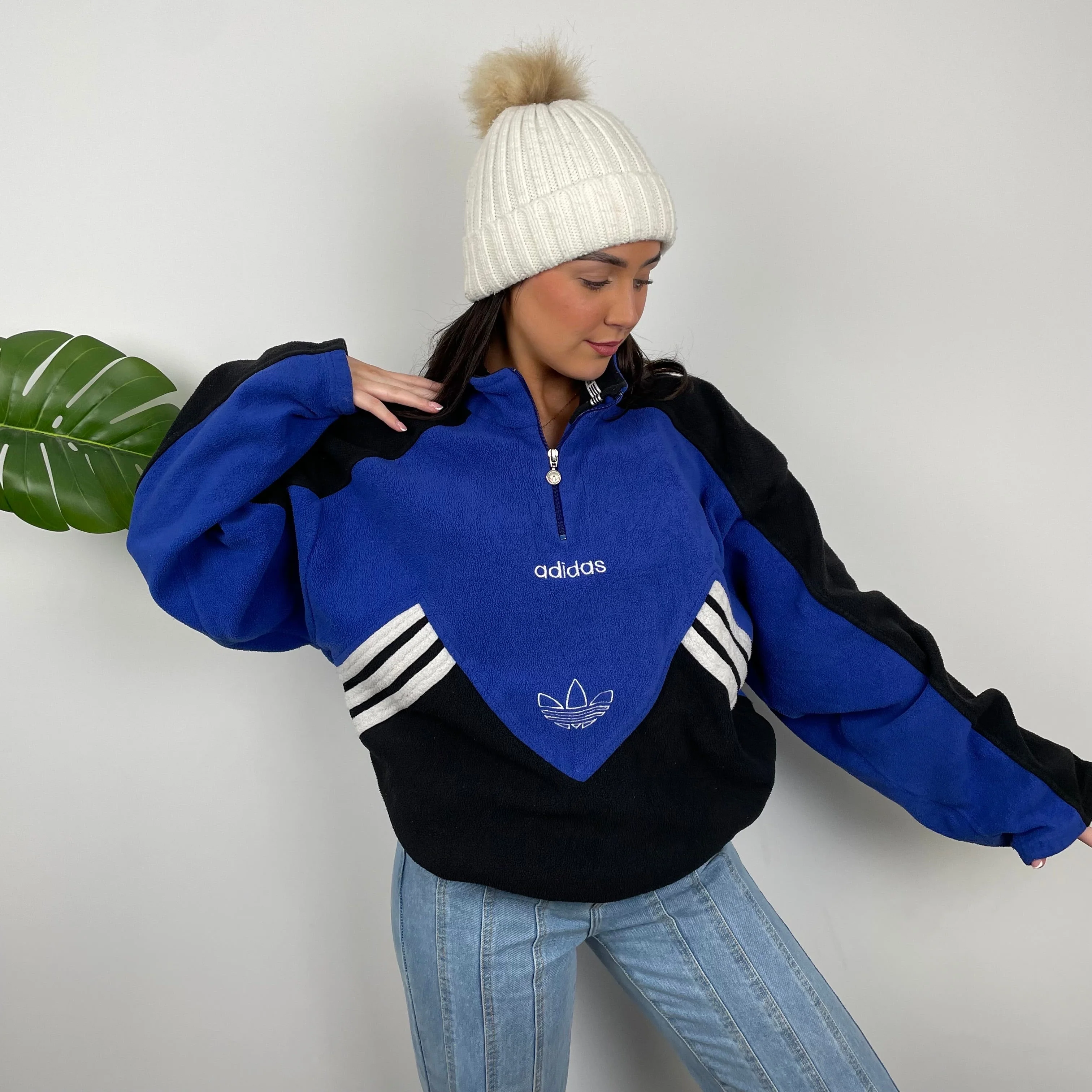 Adidas Blue Colour Block Embroidered Spell Out Teddy Bear Fleece Quarter Zip Sweatshirt (L) - Image 2
