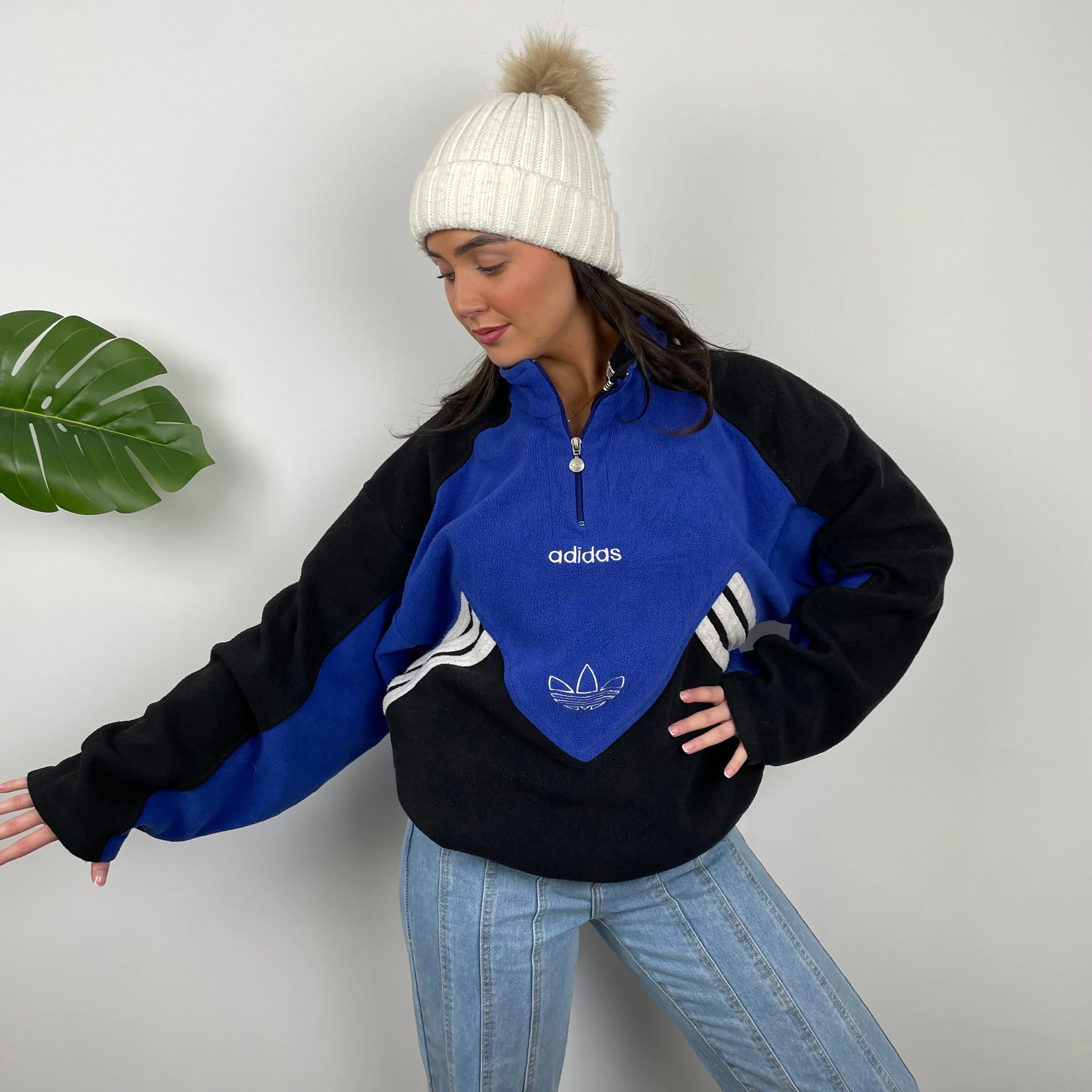 Adidas Blue Colour Block Embroidered Spell Out Teddy Bear Fleece Quarter Zip Sweatshirt (L) - Image 3