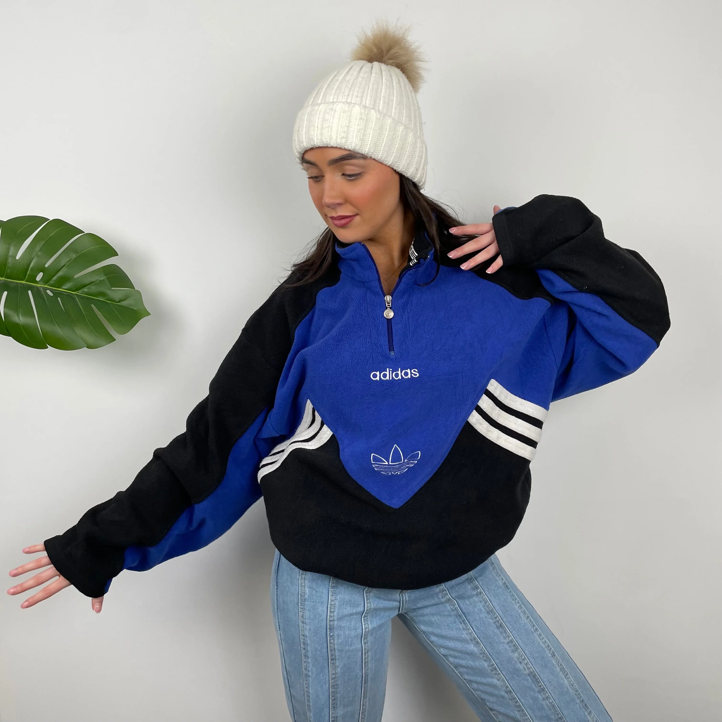Adidas Blue Colour Block Embroidered Spell Out Teddy Bear Fleece Quarter Zip Sweatshirt (L) - Image 4