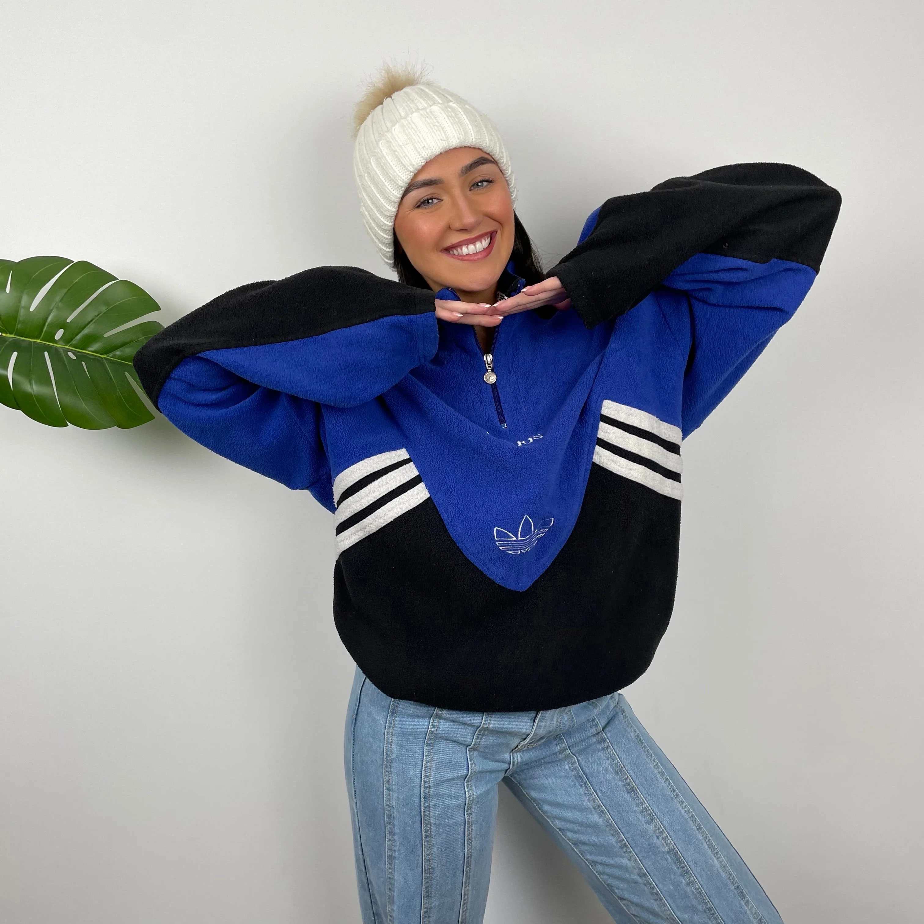Adidas Blue Colour Block Embroidered Spell Out Teddy Bear Fleece Quarter Zip Sweatshirt (L) - Image 5