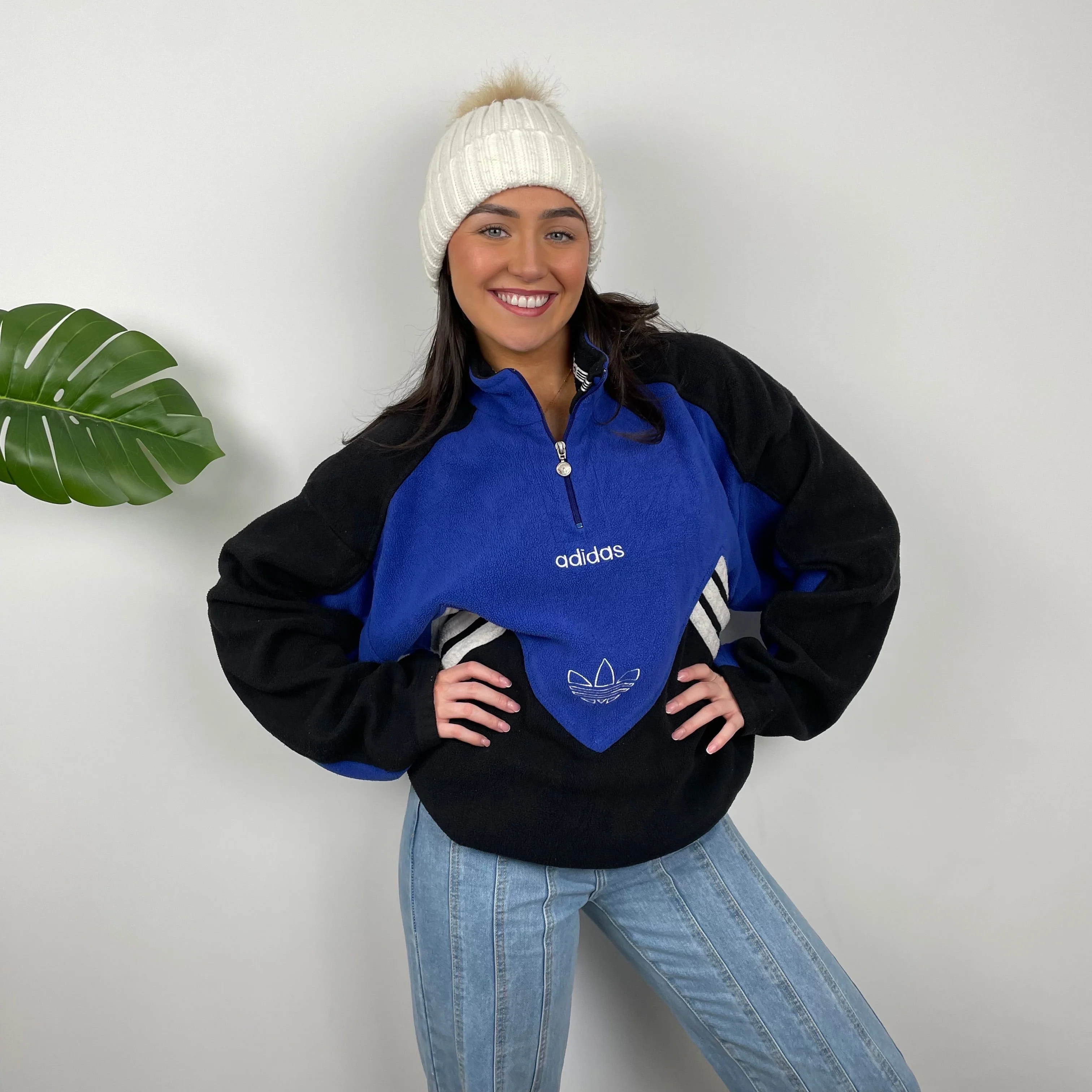 Adidas Blue Colour Block Embroidered Spell Out Teddy Bear Fleece Quarter Zip Sweatshirt (L) - Image 6