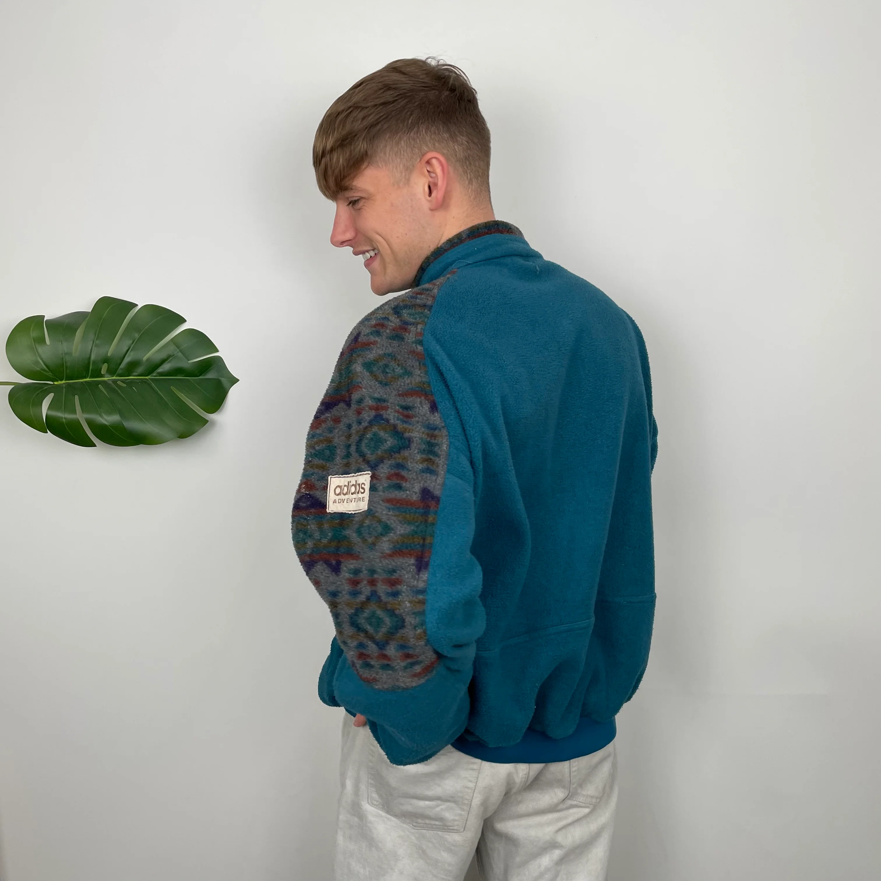 Adidas Blue Colour Block Embroidered Spell Out Teddy Bear Fleece Quarter Zip Sweatshirt (L) - Image 6