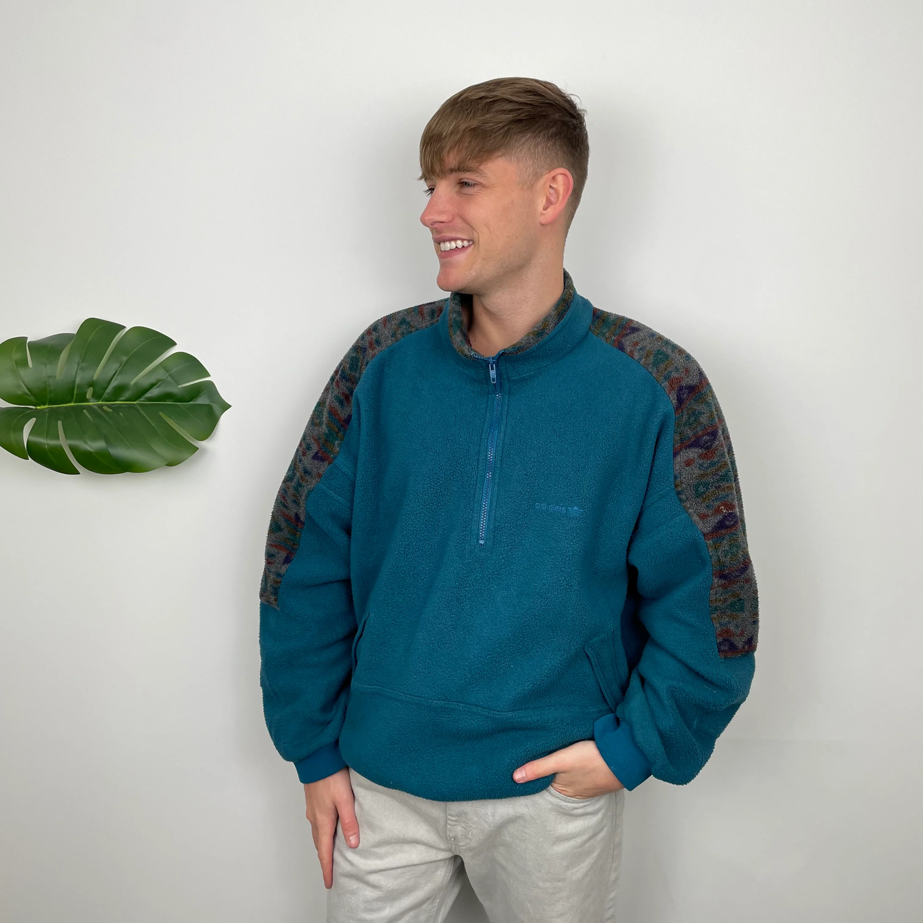 Adidas Blue Colour Block Embroidered Spell Out Teddy Bear Fleece Quarter Zip Sweatshirt (L) - Image 8