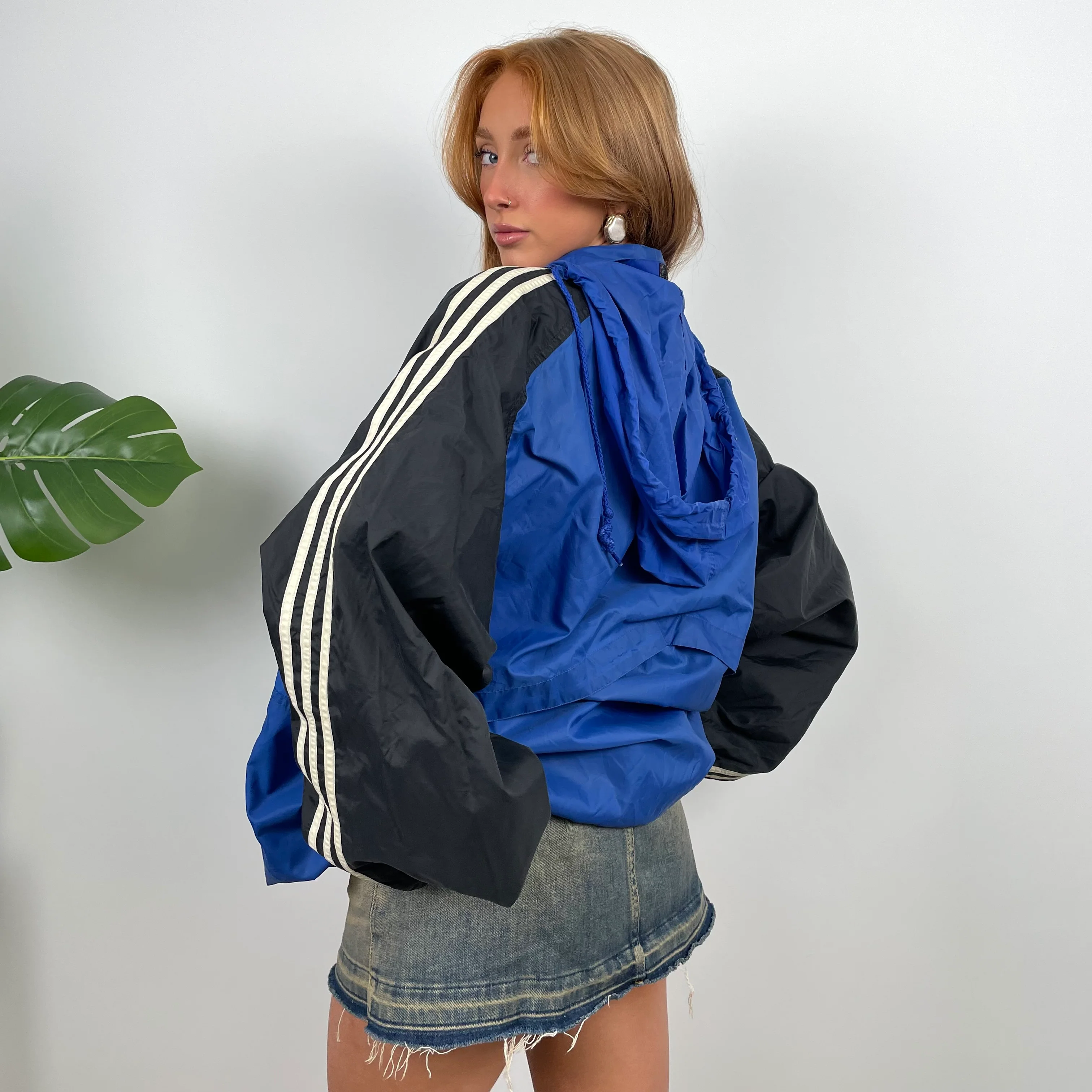 Adidas Blue Embroidered Spell Out Quarter Zip Windbreaker Jacket (XL) - Image 2