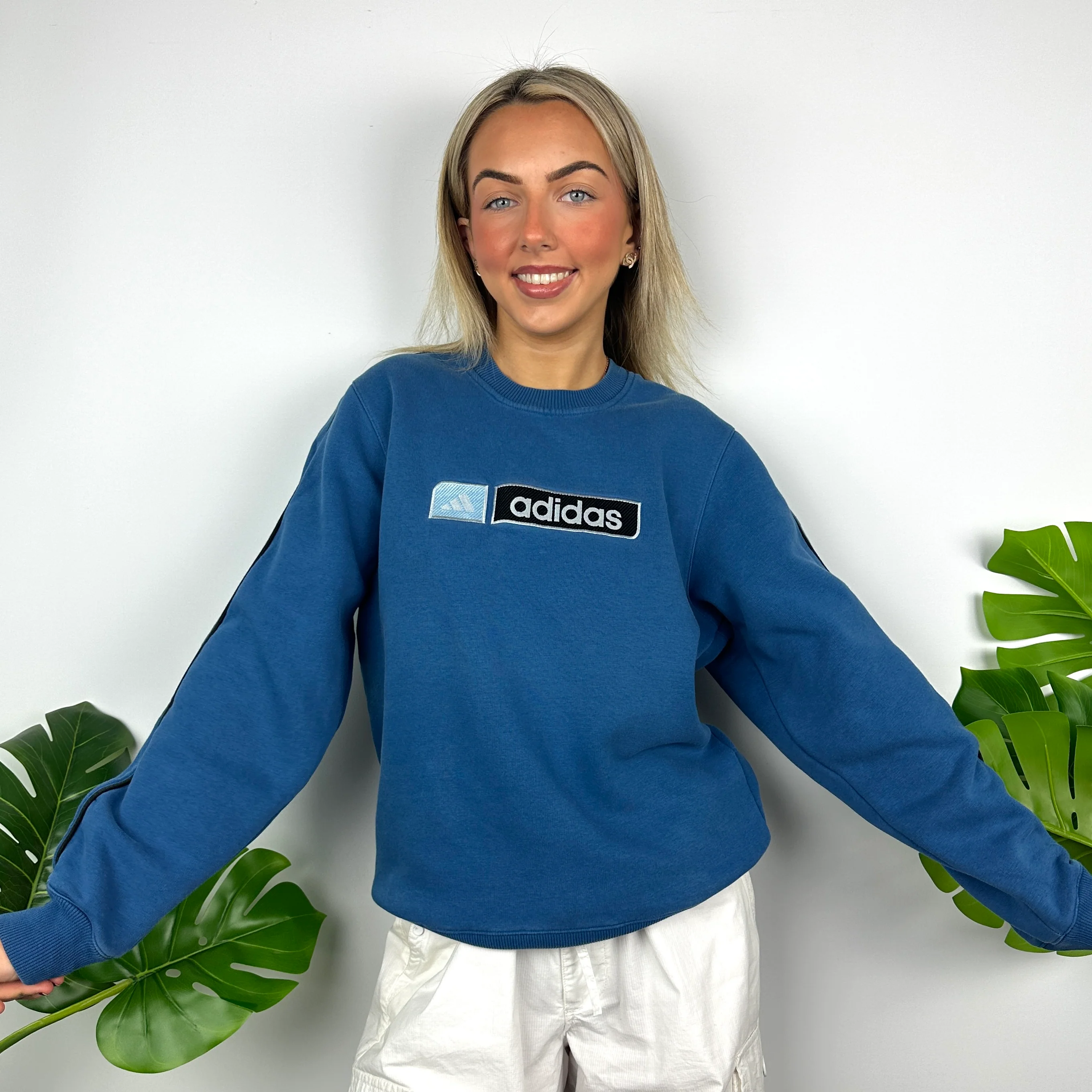 Adidas Blue Embroidered Spell Out Sweatshirt (S) - Image 9