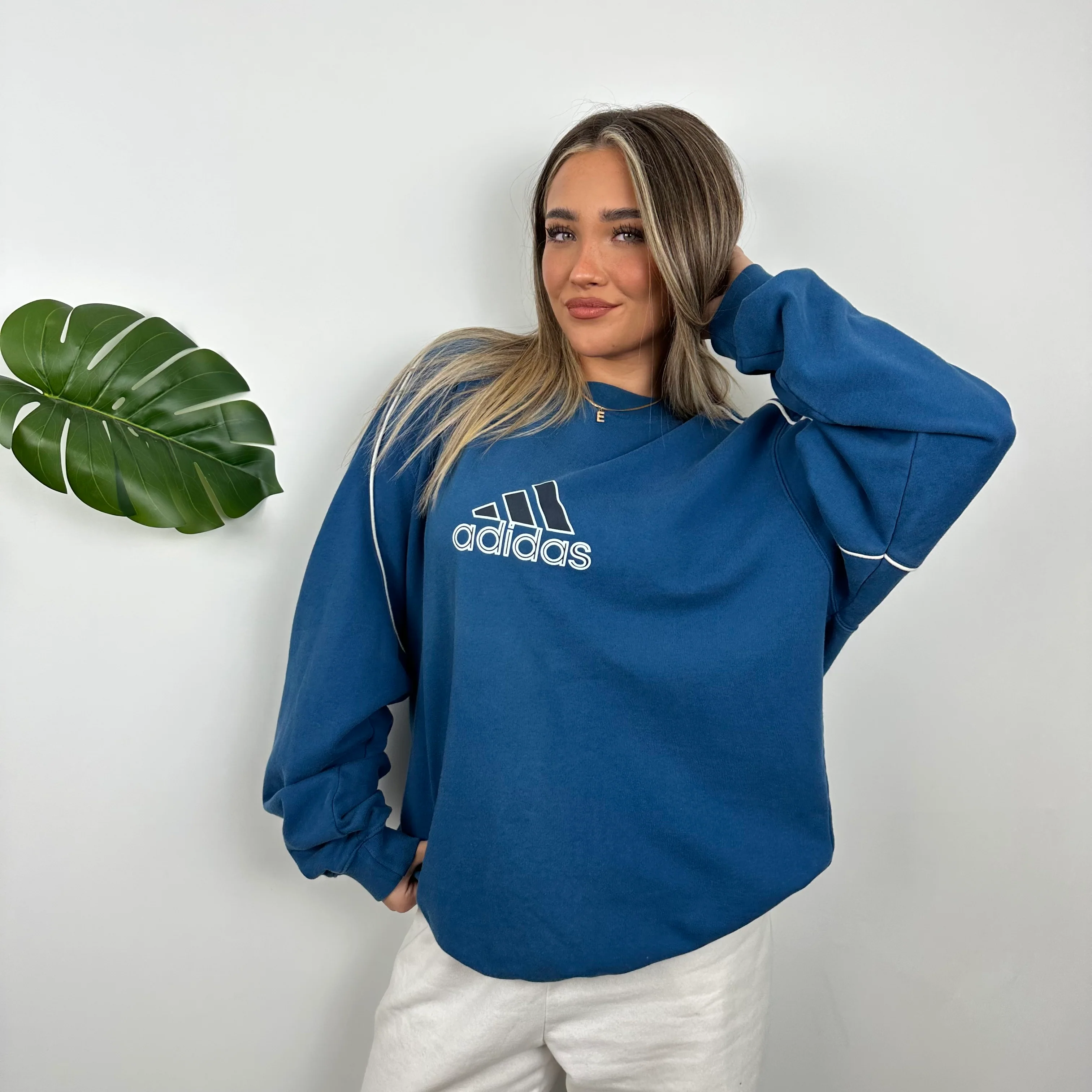 Adidas Blue Embroidered Spell Out Sweatshirt (XL) - Image 3