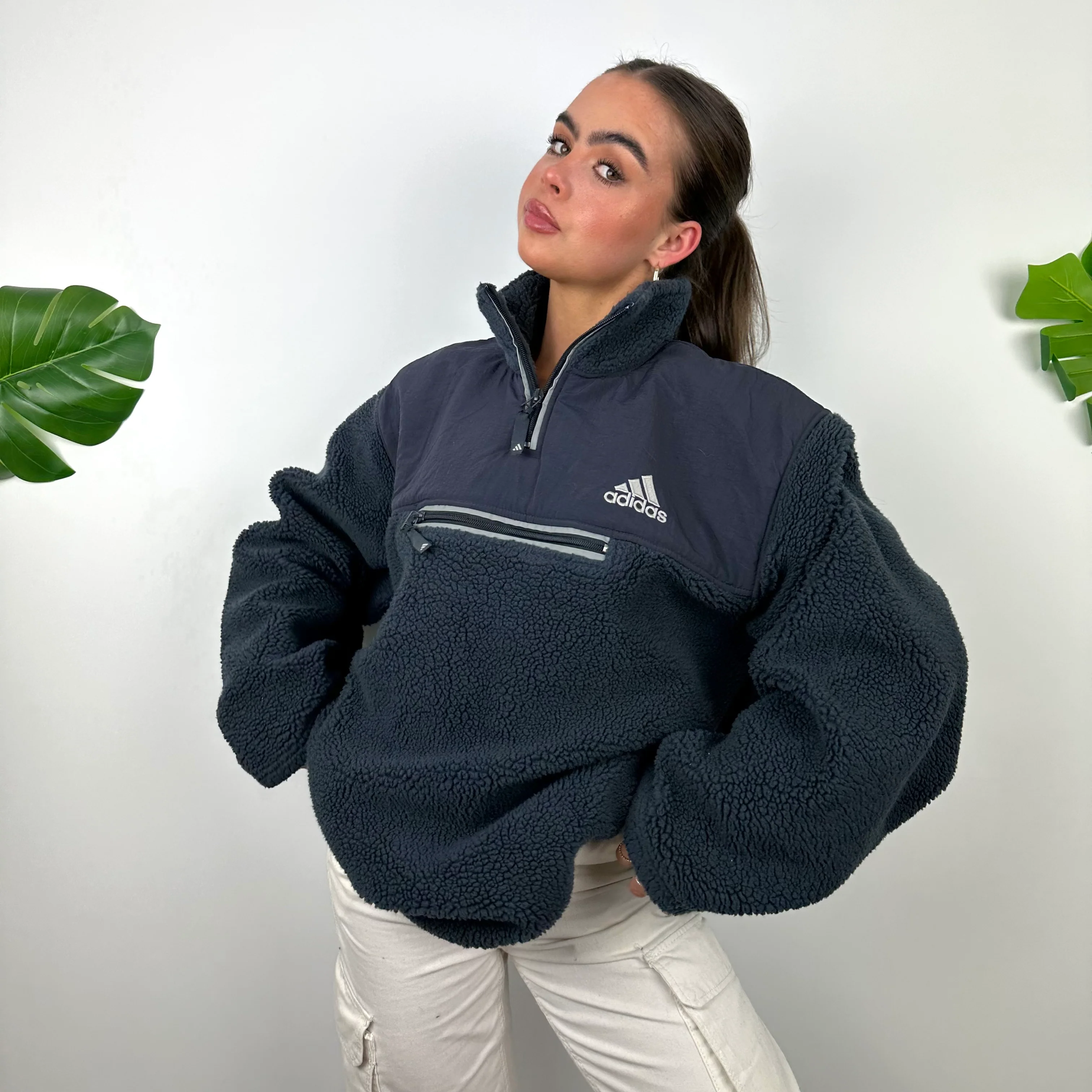 Adidas Blue Embroidered Spell Out Teddy Bear Sherpa Fleece Quarter Zip Sweatshirt (XL) - Image 6