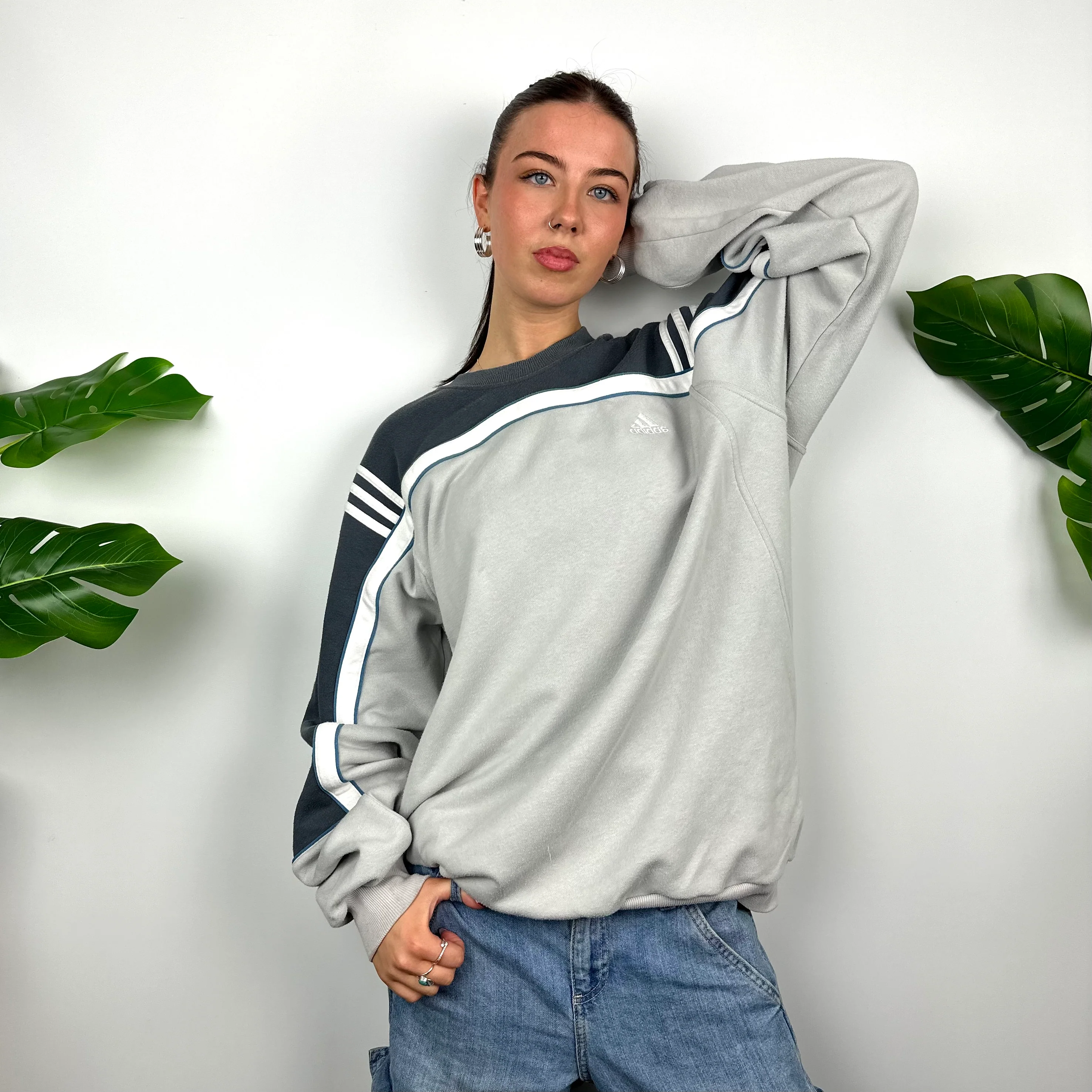 Adidas Blue & Grey Embroidered Spell Out Sweatshirt (L) - Image 2