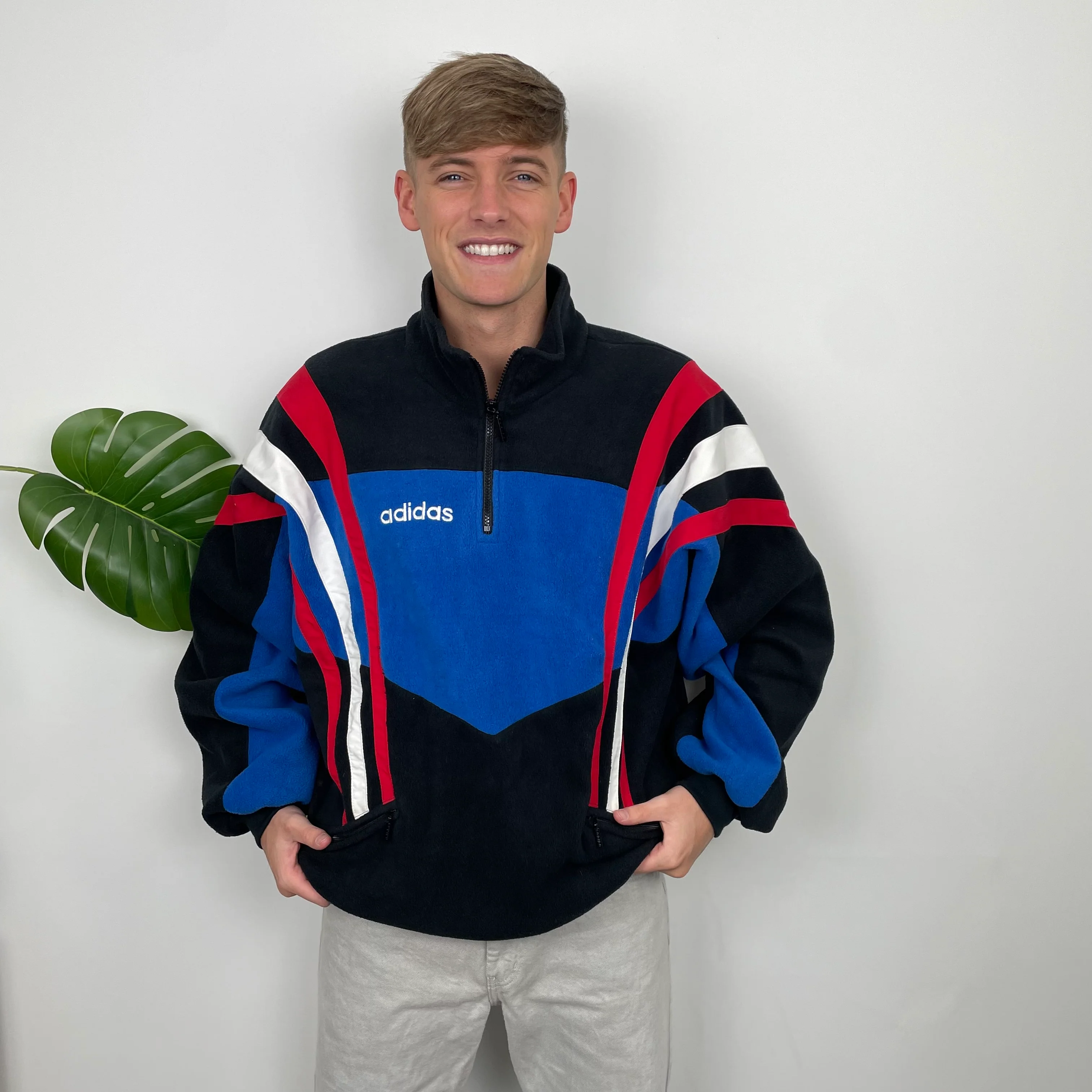 Adidas Blue RARE Colour Block Embroidered Spell Out Teddy Bear Fleece Quarter Zip Sweatshirt (XL) - Image 2