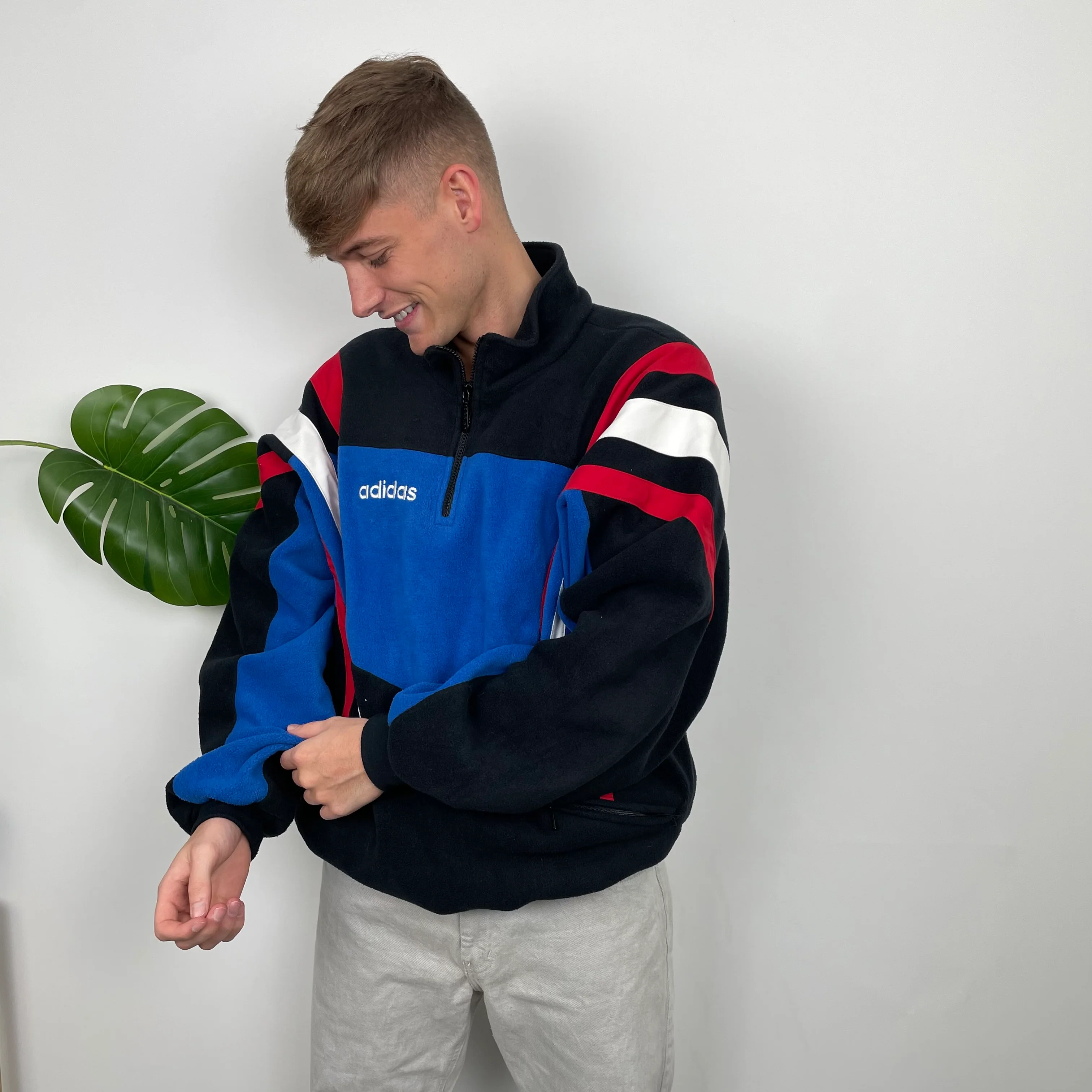 Adidas Blue RARE Colour Block Embroidered Spell Out Teddy Bear Fleece Quarter Zip Sweatshirt (XL) - Image 3