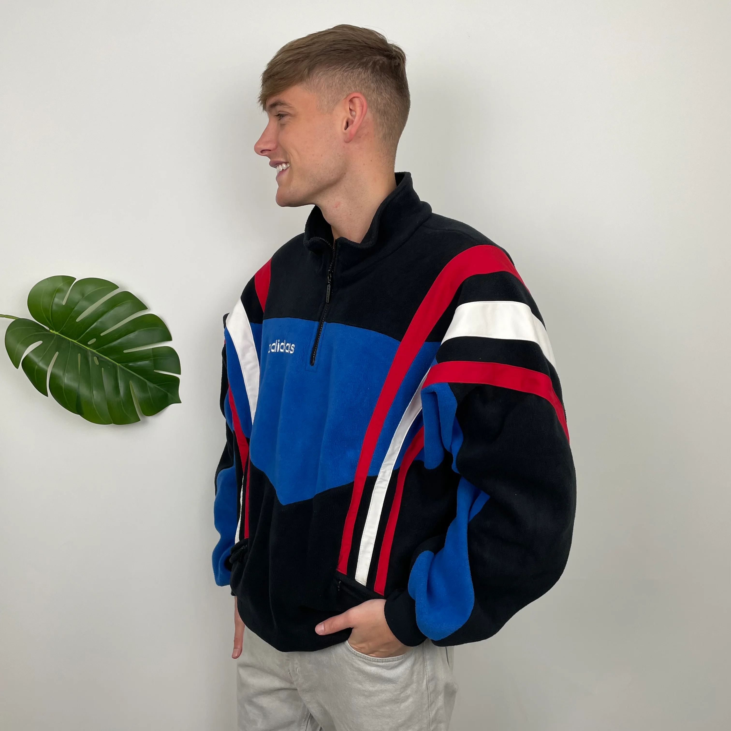 Adidas Blue RARE Colour Block Embroidered Spell Out Teddy Bear Fleece Quarter Zip Sweatshirt (XL) - Image 4