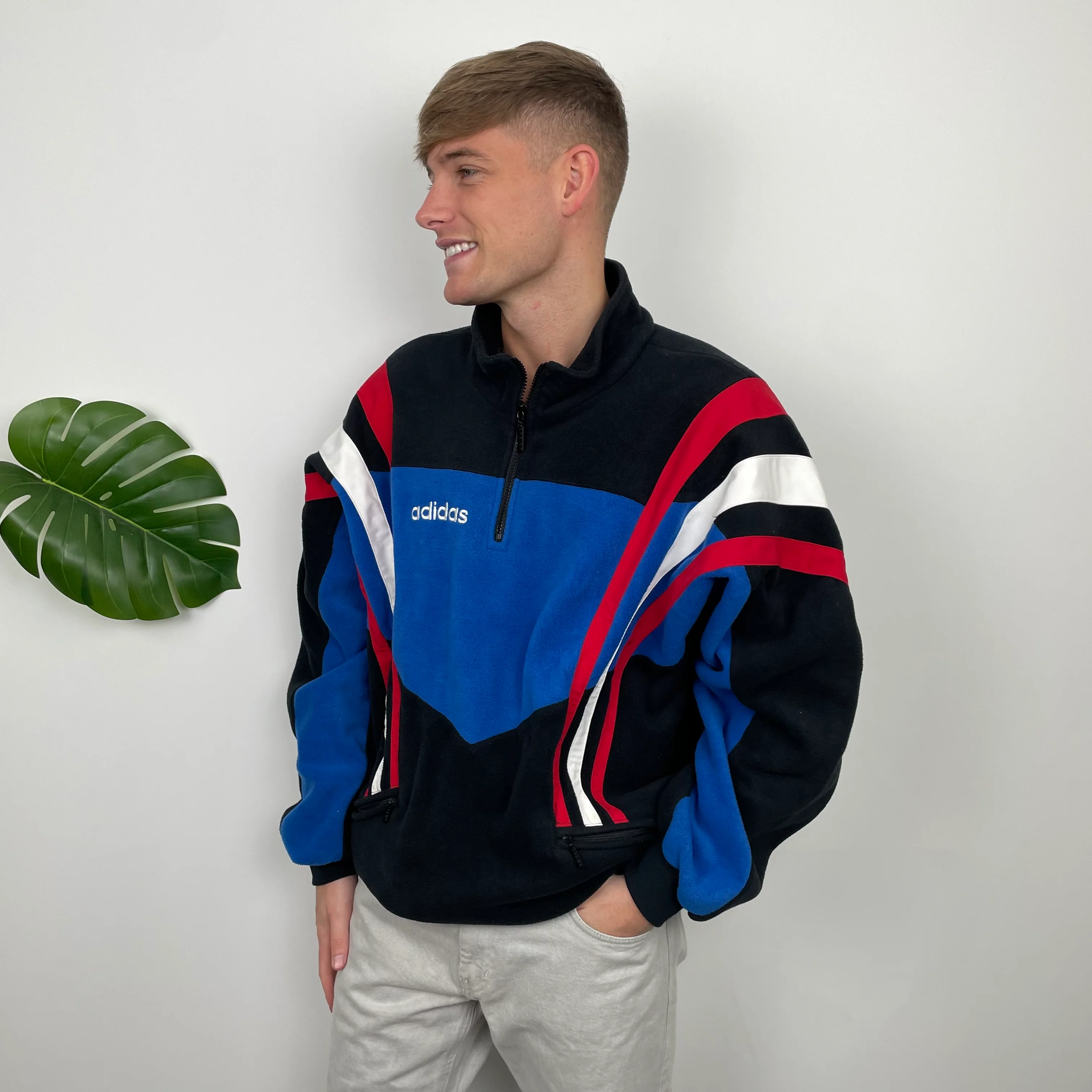 Adidas Blue RARE Colour Block Embroidered Spell Out Teddy Bear Fleece Quarter Zip Sweatshirt (XL) - Image 5