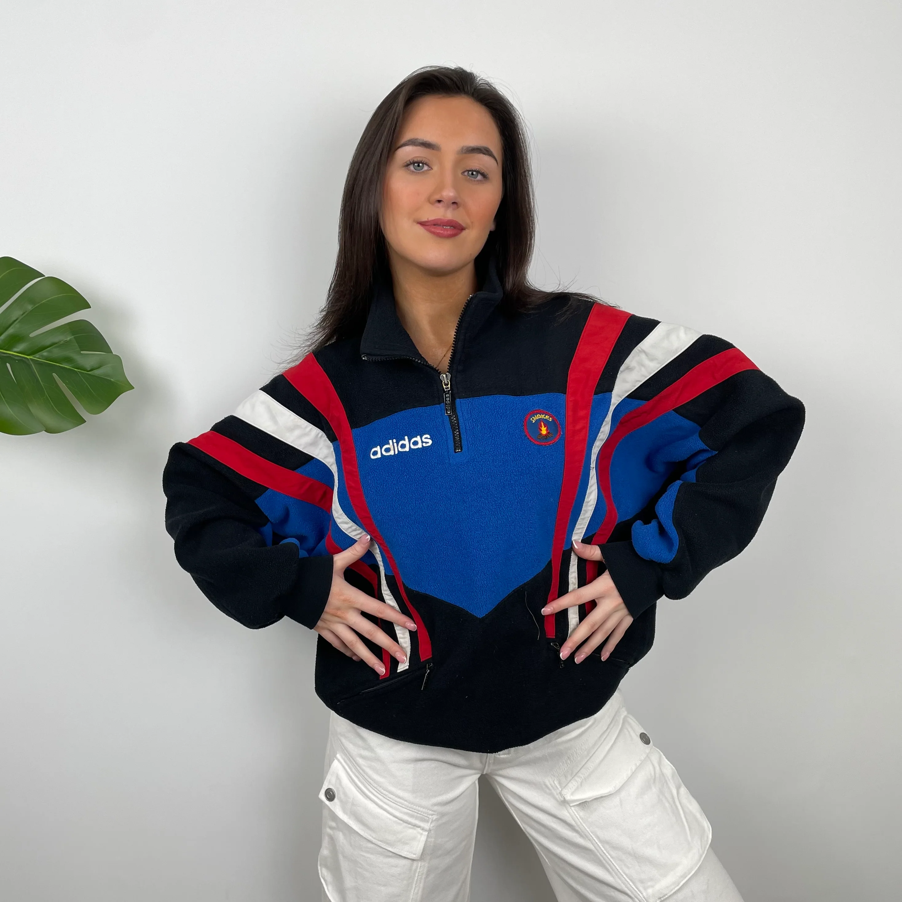 Adidas Blue RARE Colour Block Embroidered Spell Out Teddy Bear Fleece Quarter Zip Sweatshirt (L)