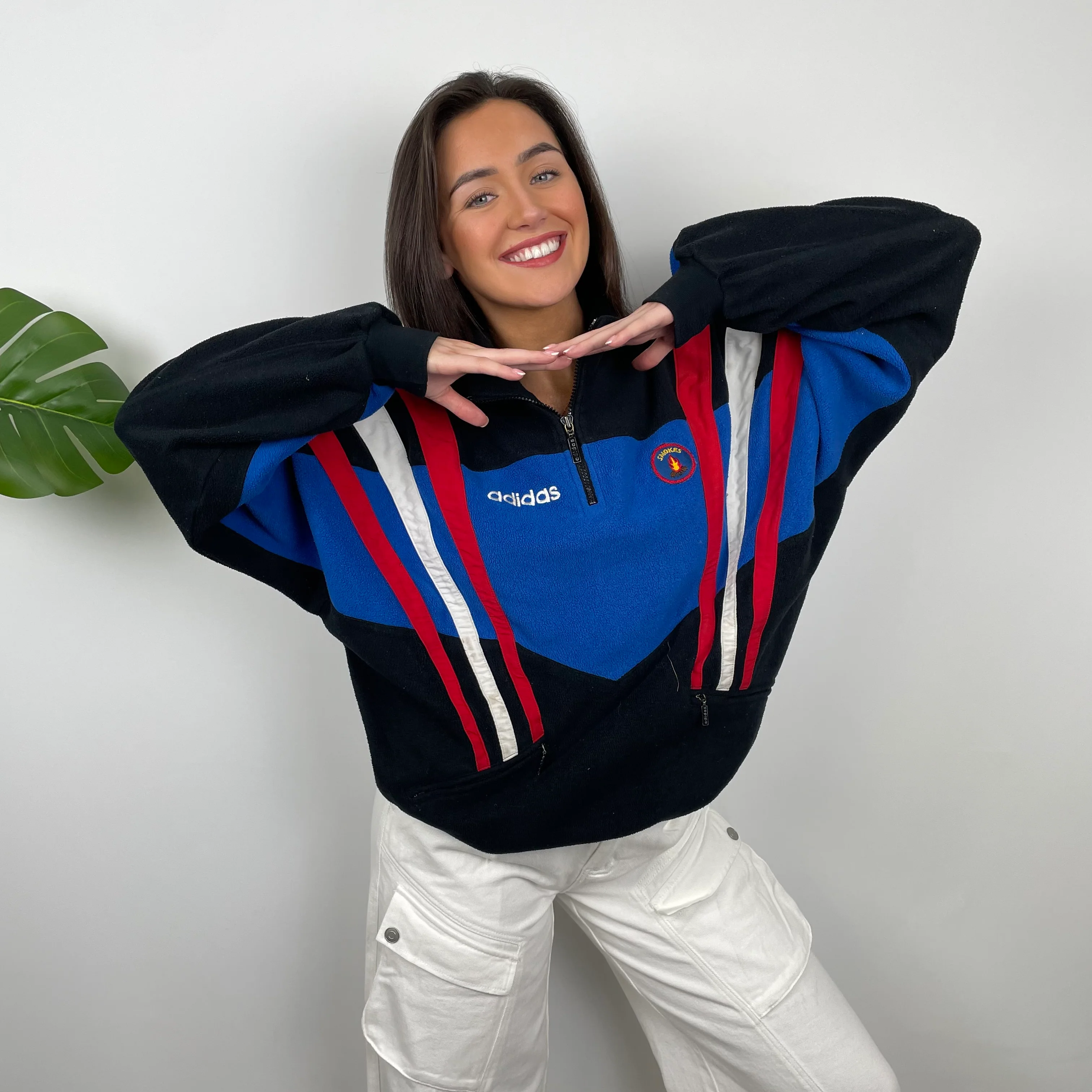 Adidas Blue RARE Colour Block Embroidered Spell Out Teddy Bear Fleece Quarter Zip Sweatshirt (L) - Image 2