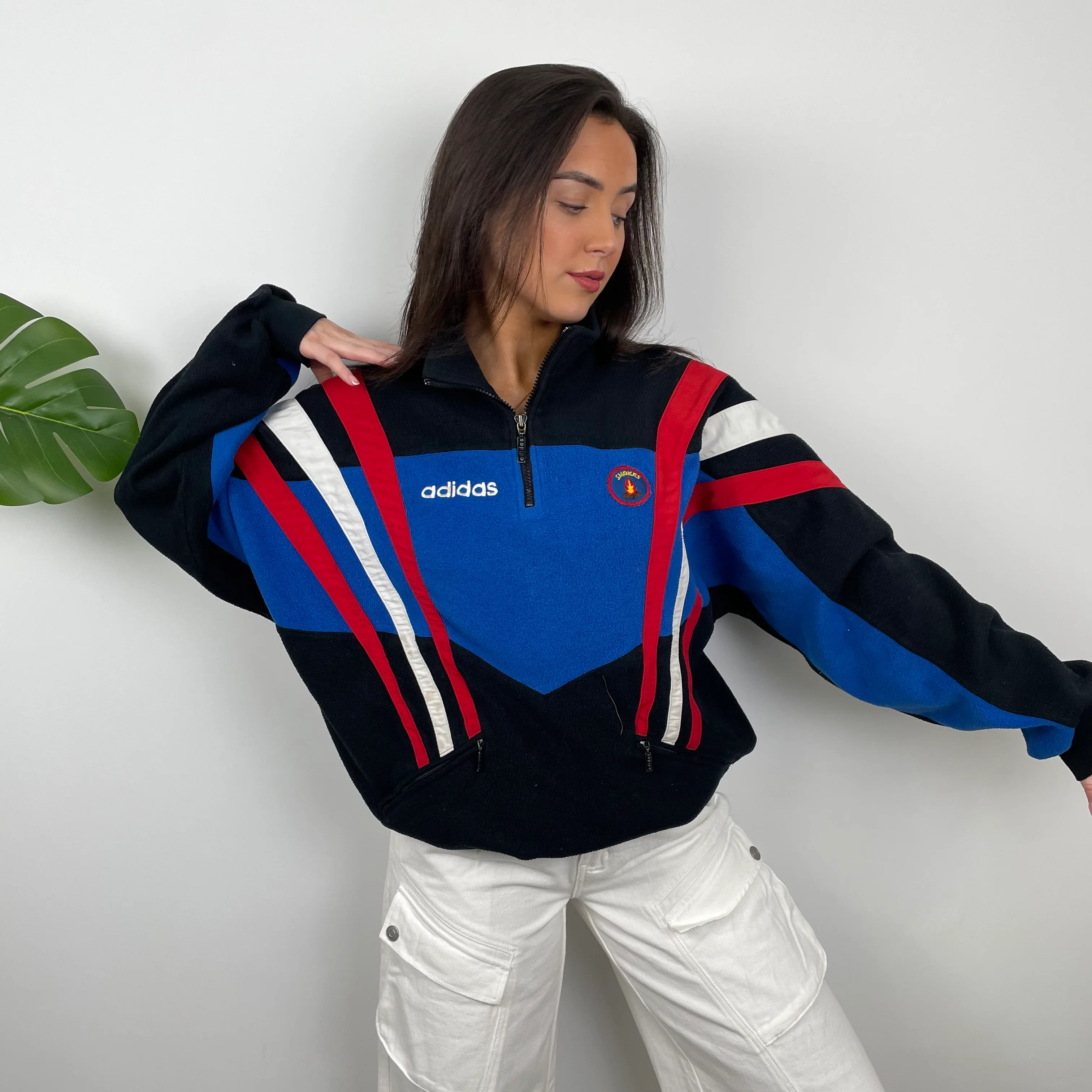 Adidas Blue RARE Colour Block Embroidered Spell Out Teddy Bear Fleece Quarter Zip Sweatshirt (L) - Image 3