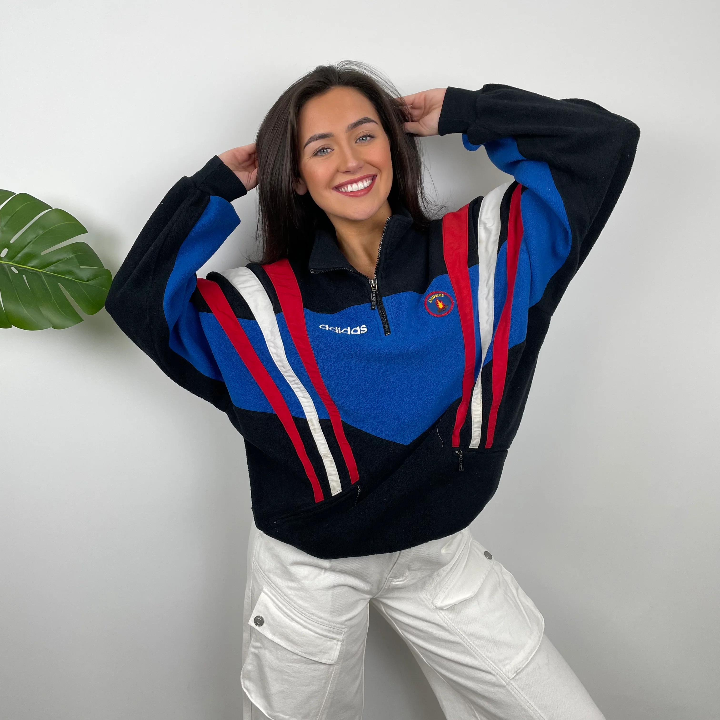 Adidas Blue RARE Colour Block Embroidered Spell Out Teddy Bear Fleece Quarter Zip Sweatshirt (L) - Image 4