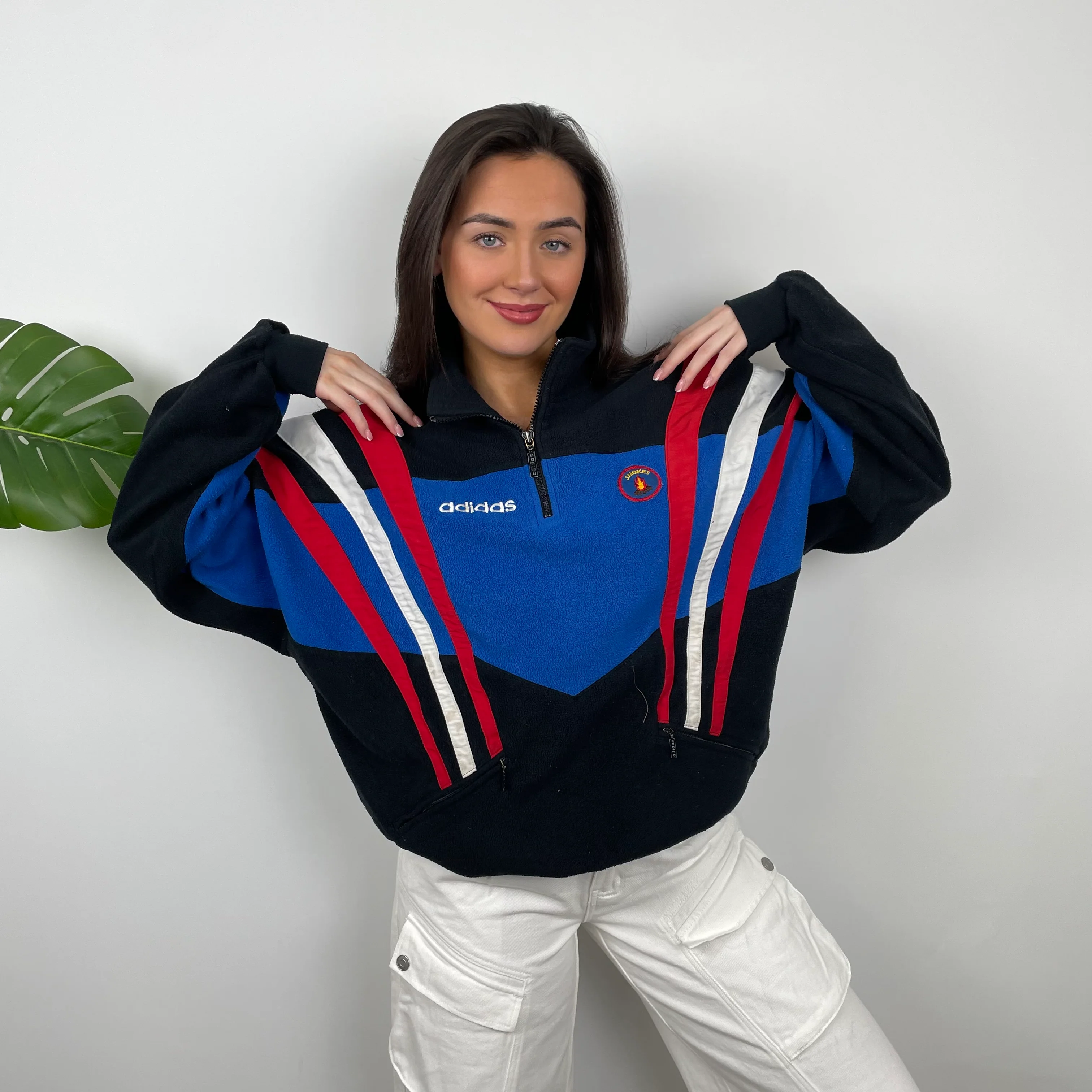 Adidas Blue RARE Colour Block Embroidered Spell Out Teddy Bear Fleece Quarter Zip Sweatshirt (L) - Image 5