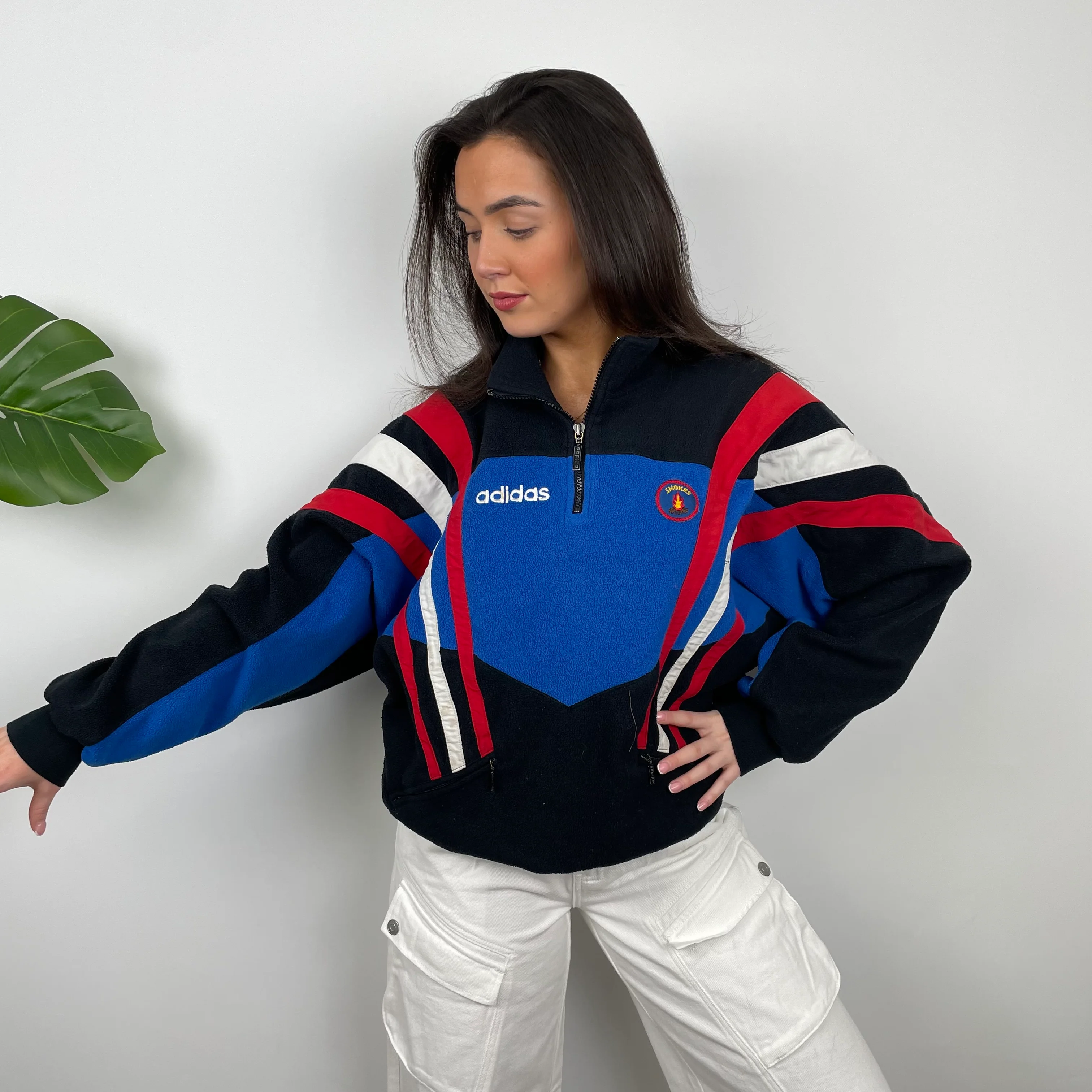 Adidas Blue RARE Colour Block Embroidered Spell Out Teddy Bear Fleece Quarter Zip Sweatshirt (L) - Image 7