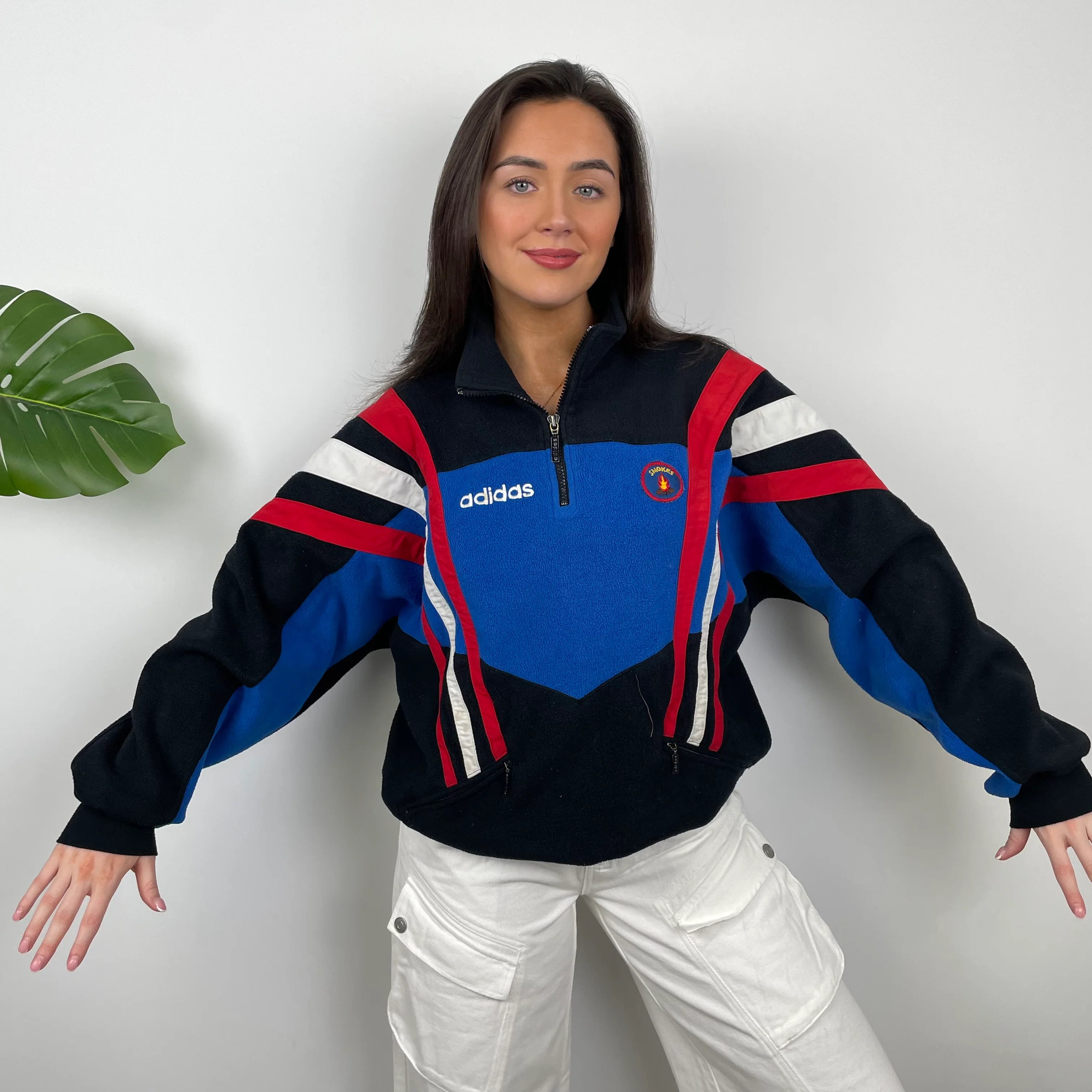 Adidas Blue RARE Colour Block Embroidered Spell Out Teddy Bear Fleece Quarter Zip Sweatshirt (L) - Image 9