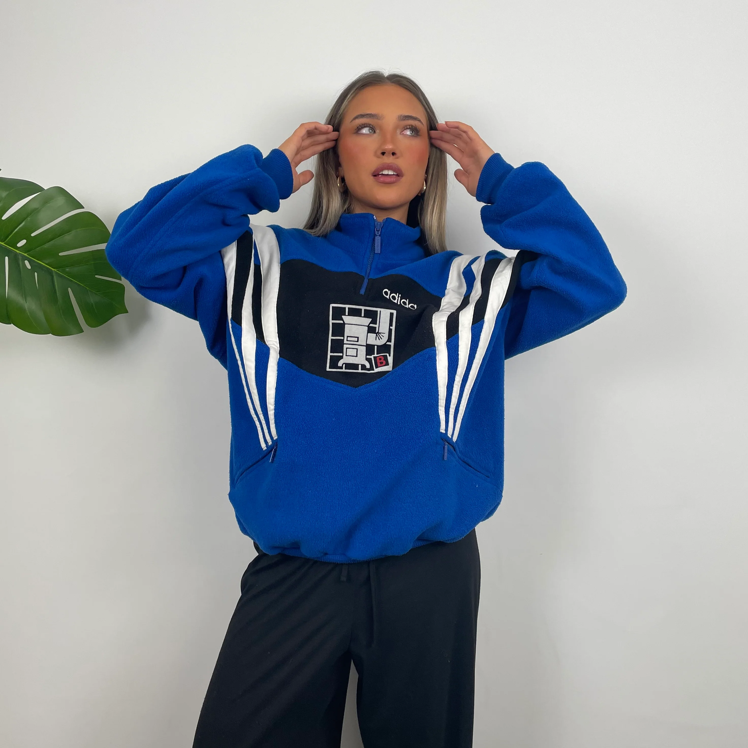 Adidas Blue RARE Colour Block Embroidered Spell Out Teddy Bear Fleece Quarter Zip Sweatshirt (L) - Image 2