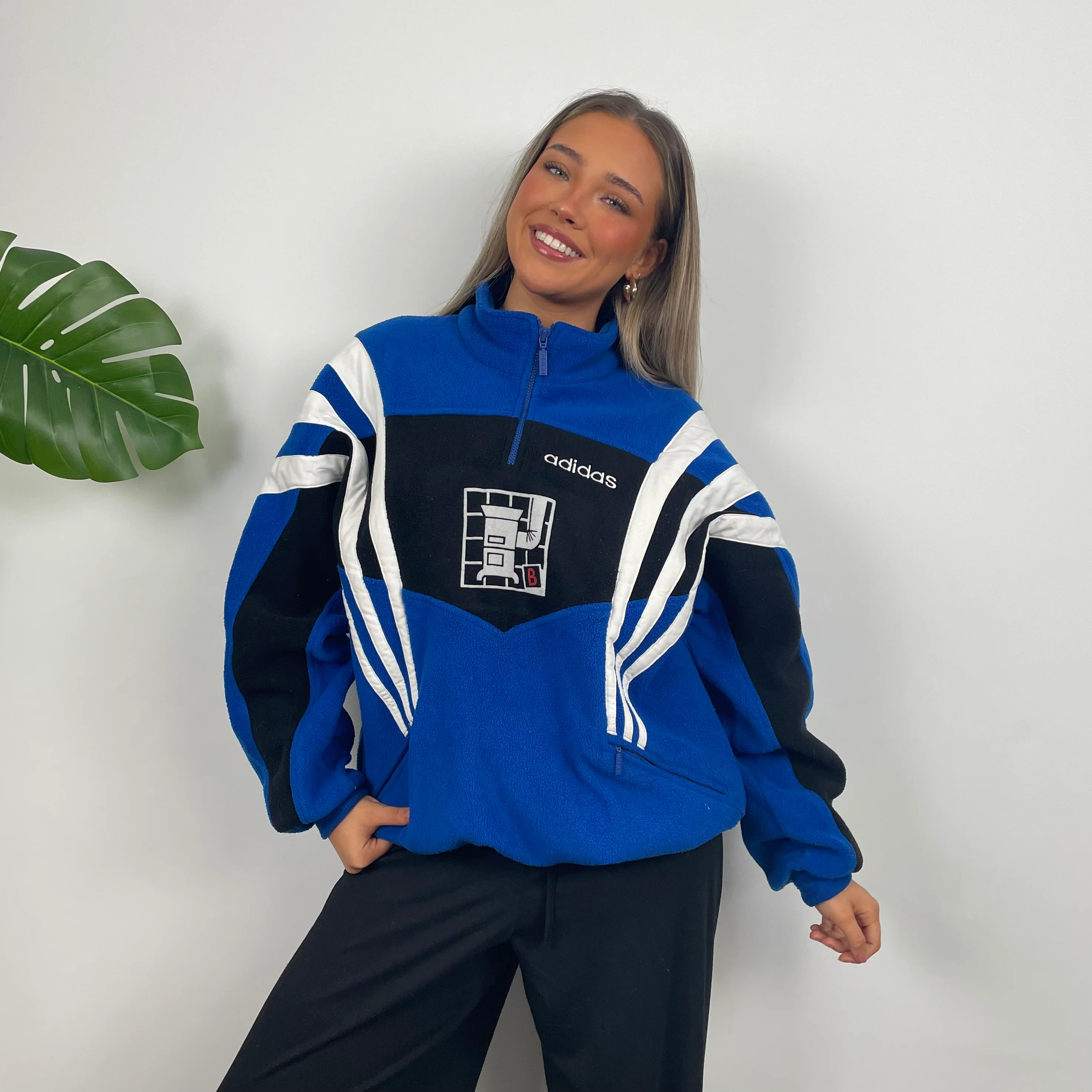 Adidas Blue RARE Colour Block Embroidered Spell Out Teddy Bear Fleece Quarter Zip Sweatshirt (L) - Image 3