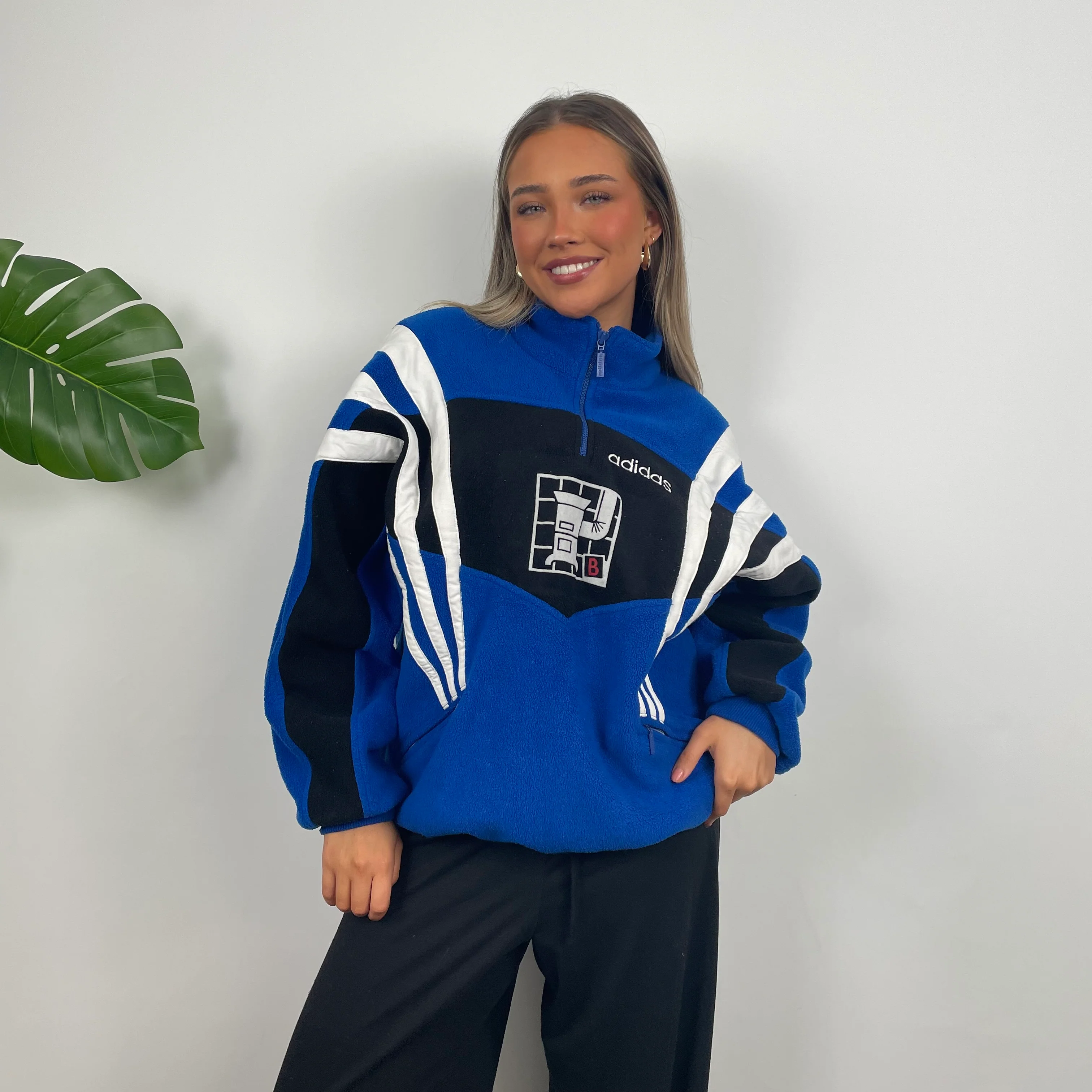 Adidas Blue RARE Colour Block Embroidered Spell Out Teddy Bear Fleece Quarter Zip Sweatshirt (L) - Image 5