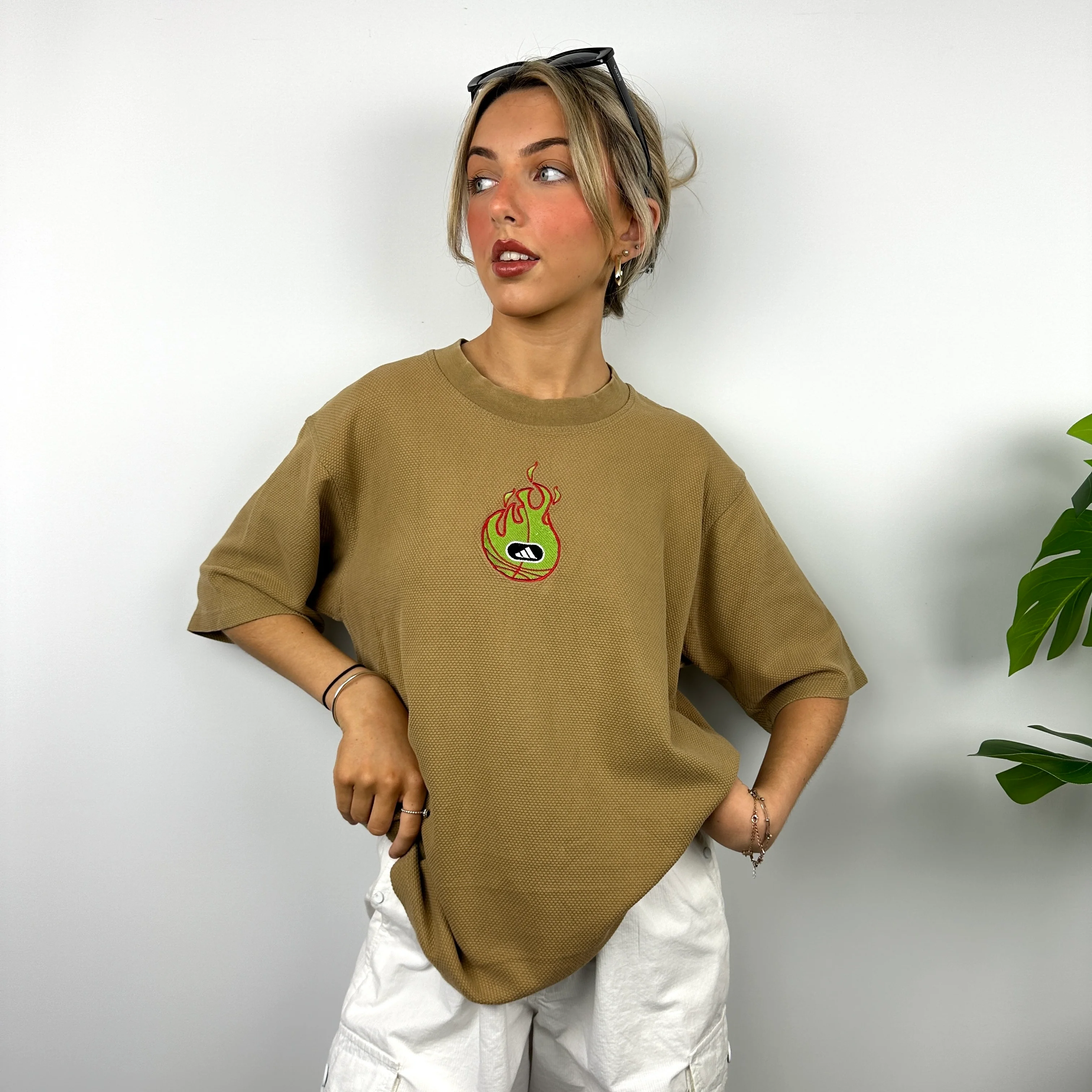 Adidas Brown Embroidered Spell Out T Shirt (L) - Image 4