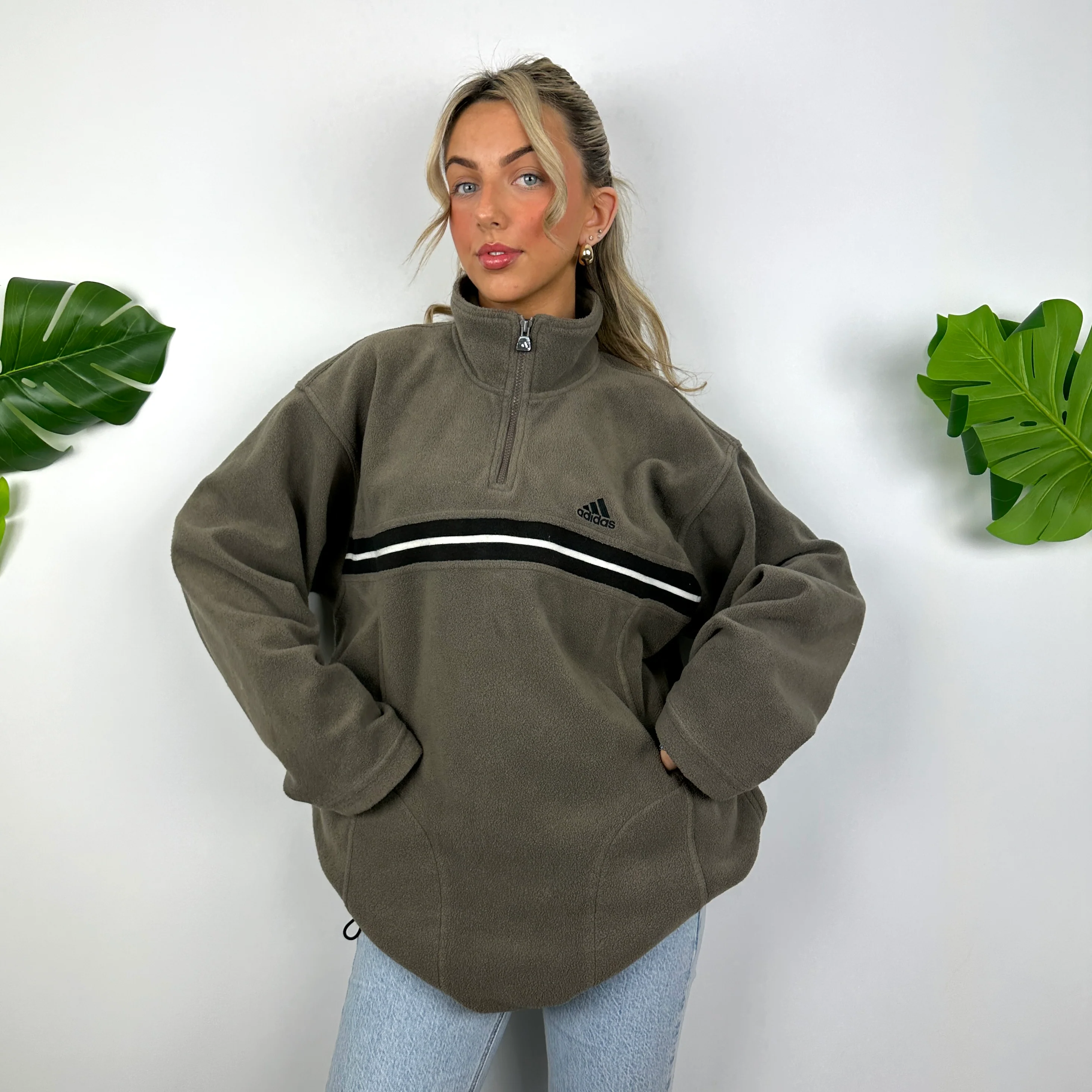 Adidas Brown Embroidered Spell Out Teddy Bear Fleece Quarter Zip Sweatshirt (L) - Image 2