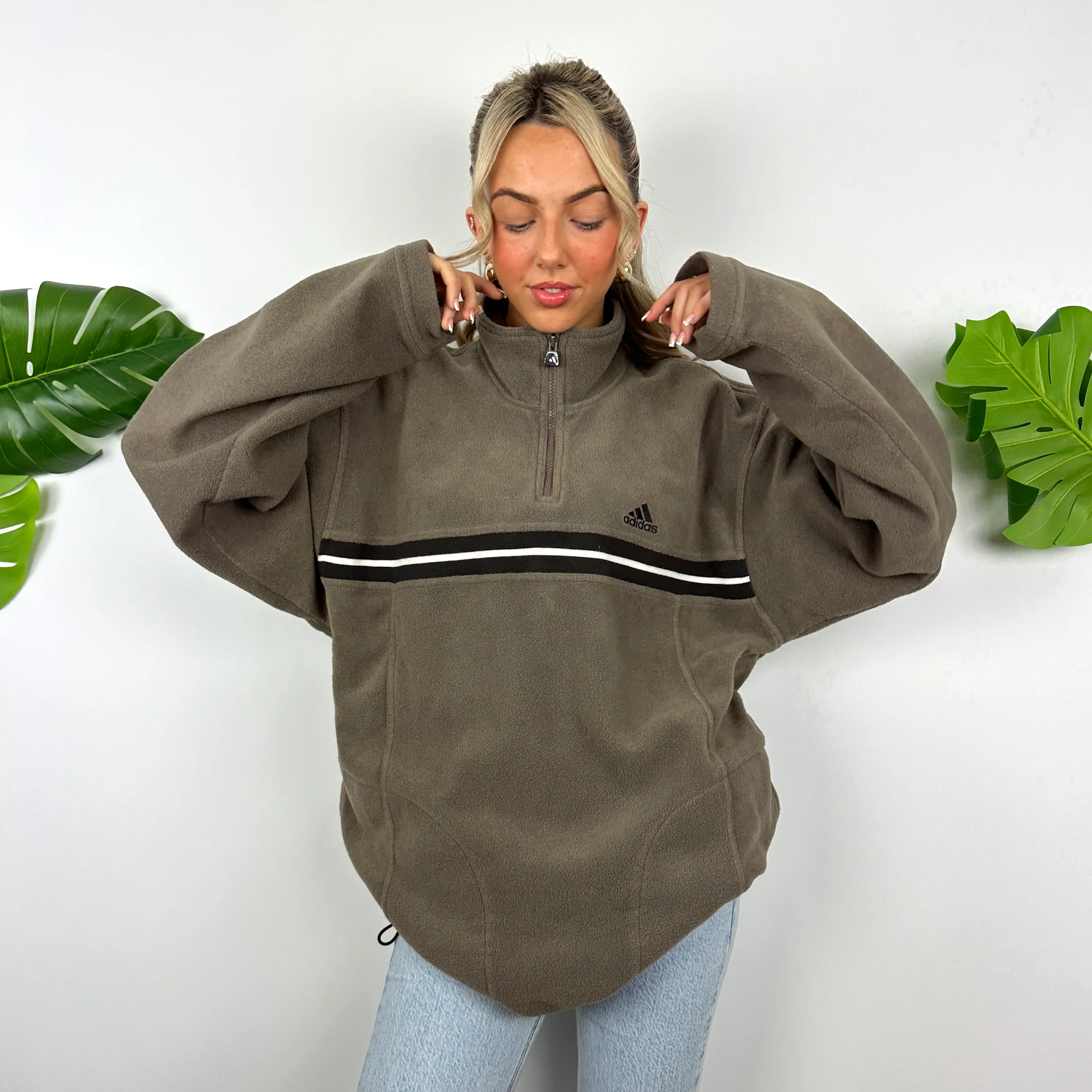 Adidas Brown Embroidered Spell Out Teddy Bear Fleece Quarter Zip Sweatshirt (L) - Image 5