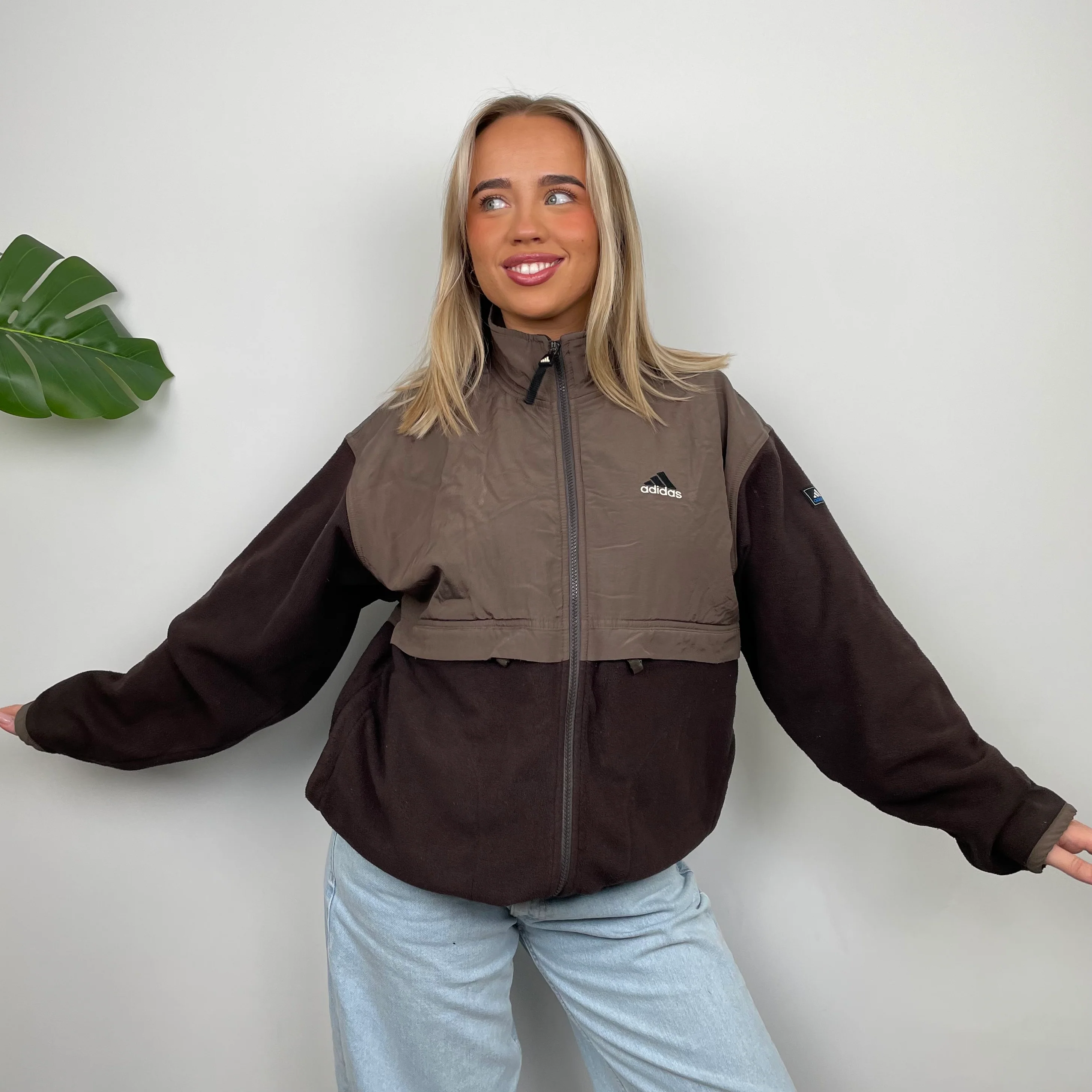 Adidas Brown Embroidered Spell Out Teddy Bear Fleece Zip Up Jacket (L) - Image 2
