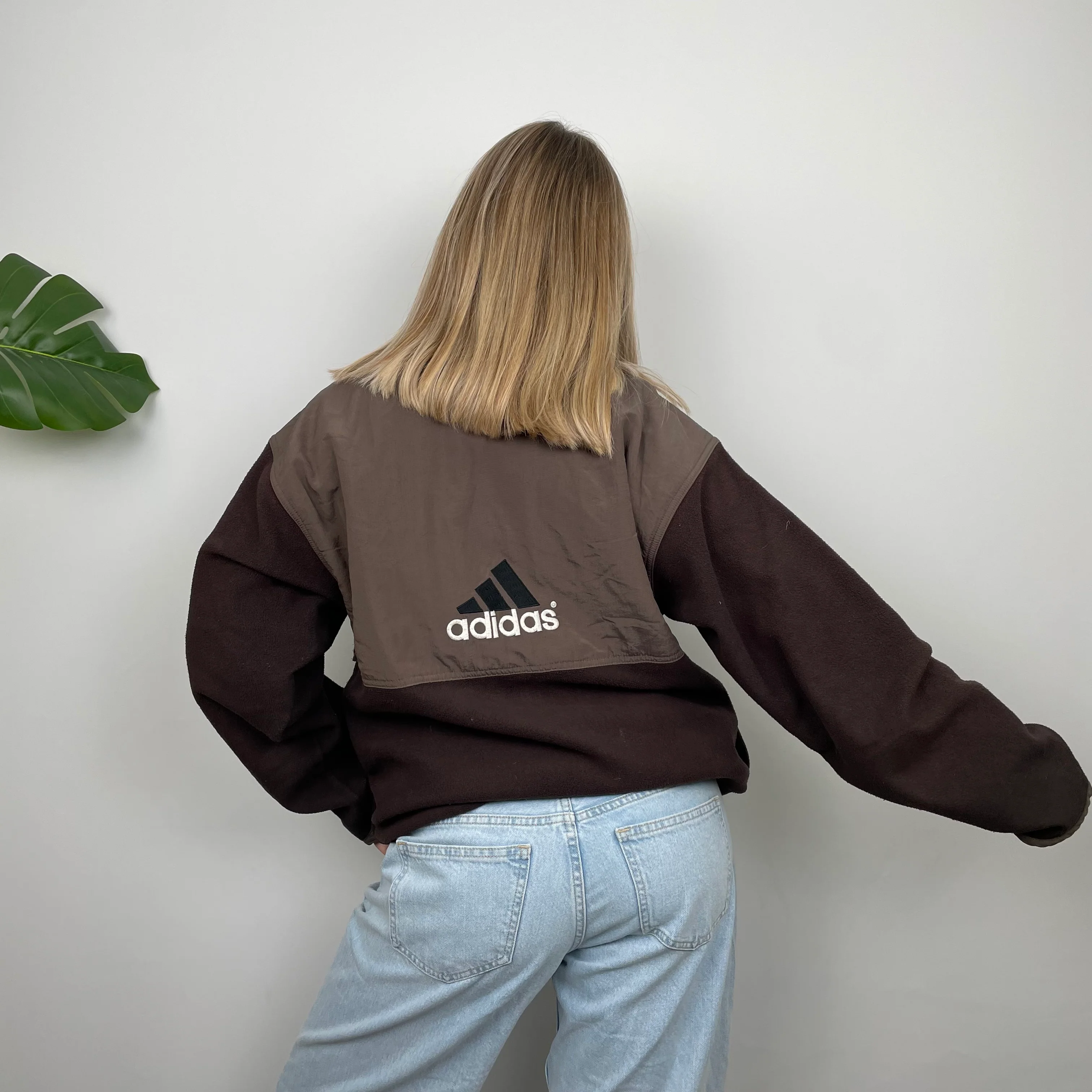 Adidas Brown Embroidered Spell Out Teddy Bear Fleece Zip Up Jacket (L) - Image 3