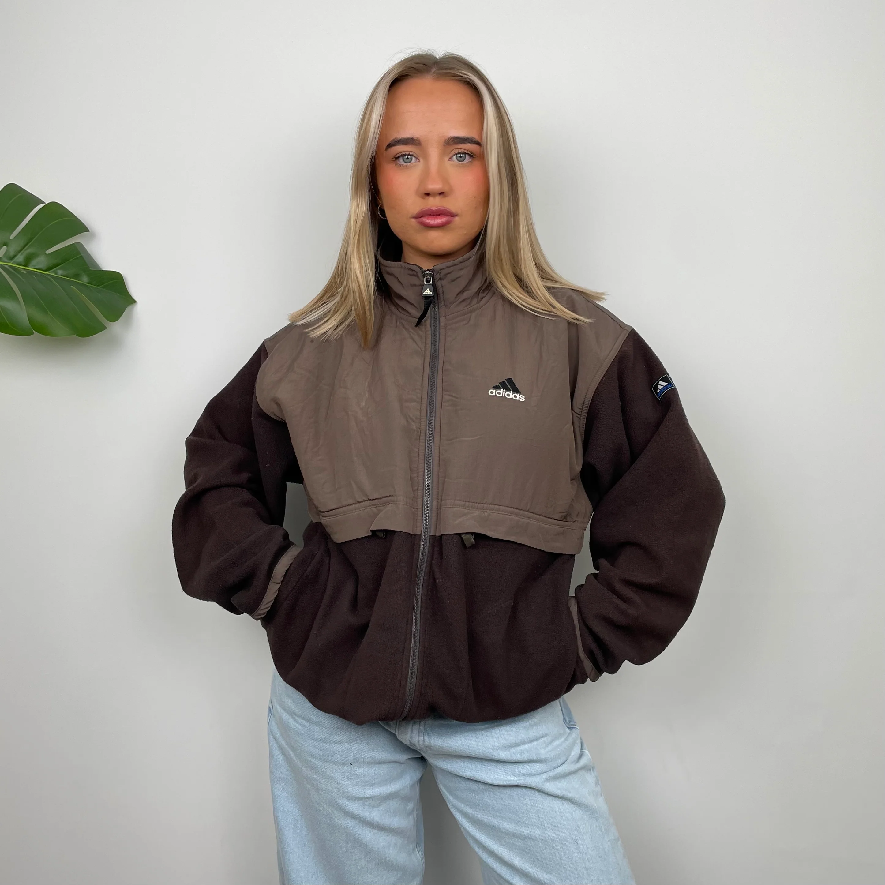 Adidas Brown Embroidered Spell Out Teddy Bear Fleece Zip Up Jacket (L) - Image 4