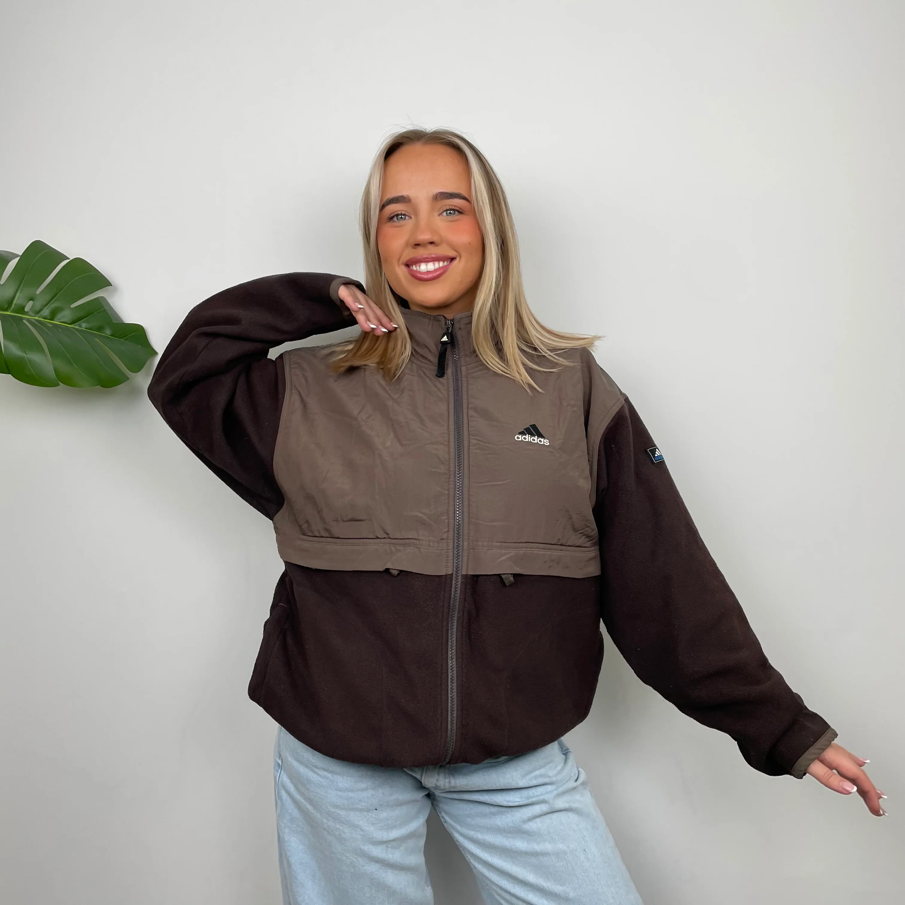 Adidas Brown Embroidered Spell Out Teddy Bear Fleece Zip Up Jacket (L) - Image 5