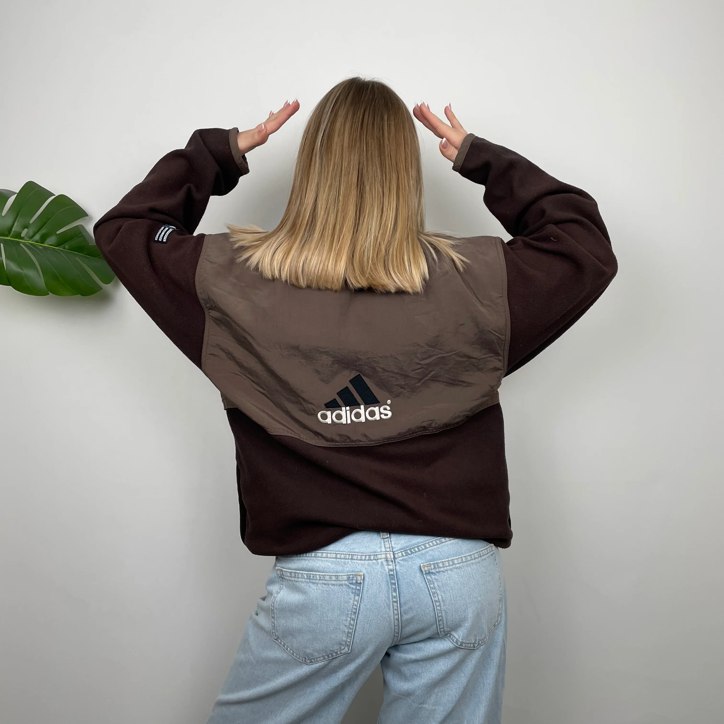 Adidas Brown Embroidered Spell Out Teddy Bear Fleece Zip Up Jacket (L) - Image 7