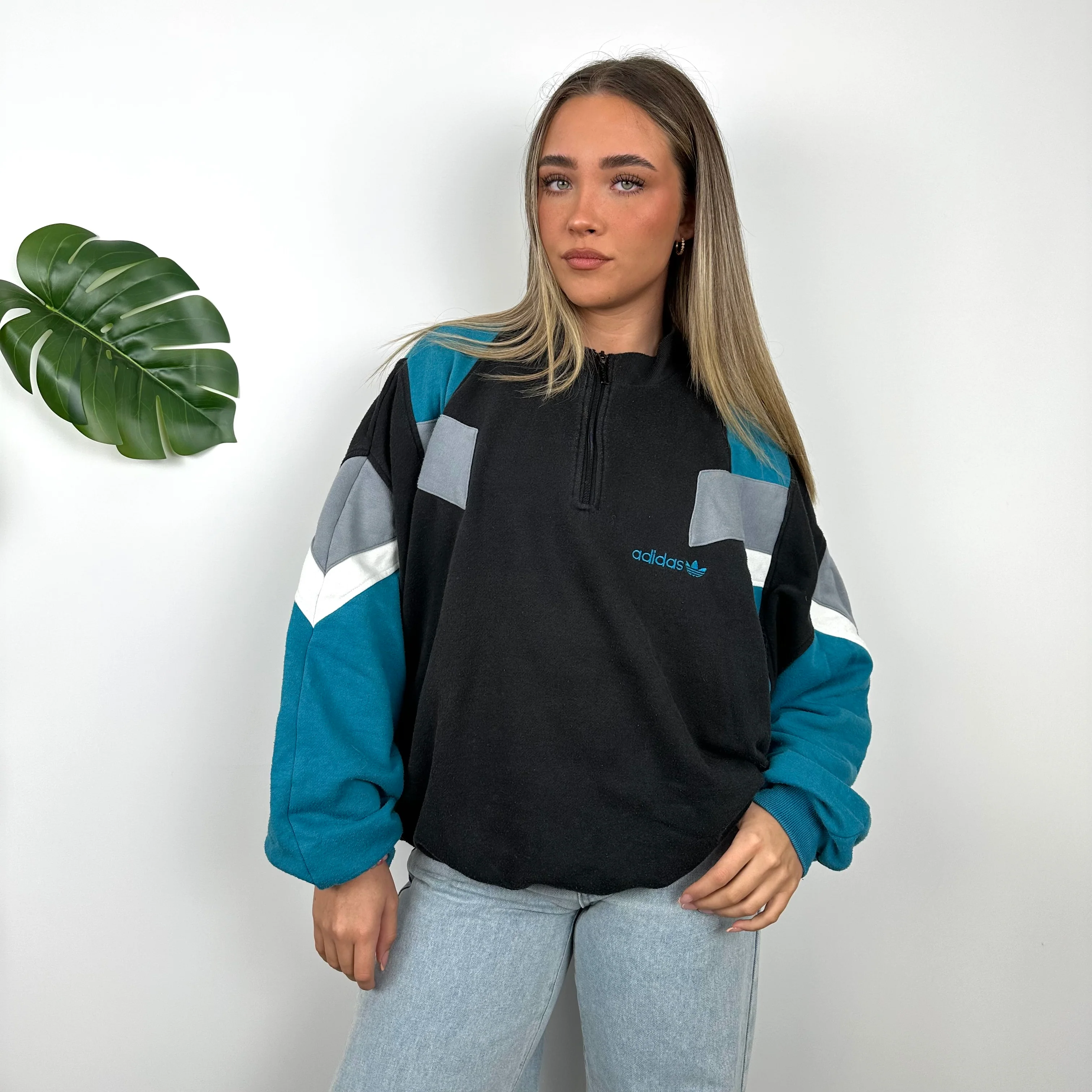 Adidas Colour Block Embroidered Spell Out Quarter Zip Sweatshirt (L) - Image 2