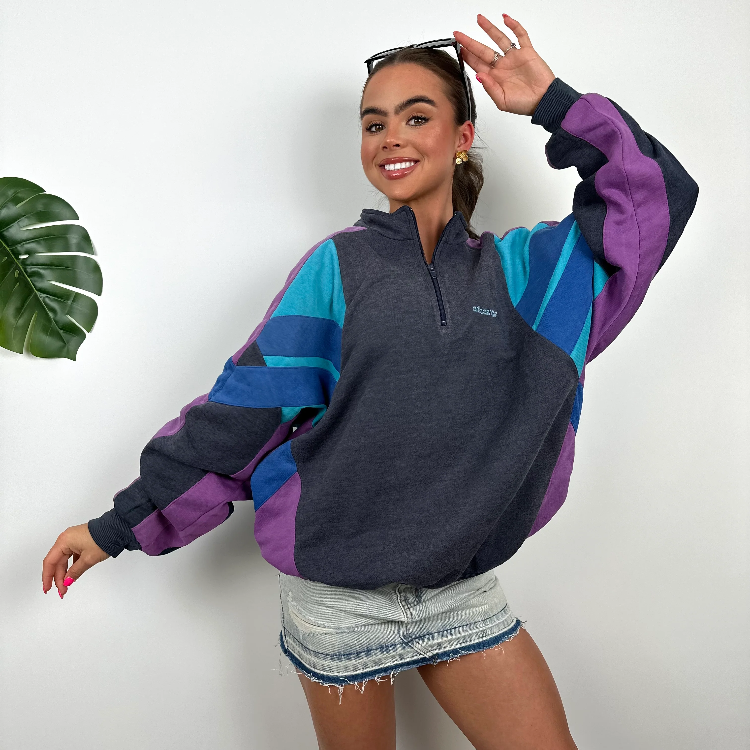 Adidas Colour Block Embroidered Spell Out Quarter Zip Sweatshirt (L) - Image 2