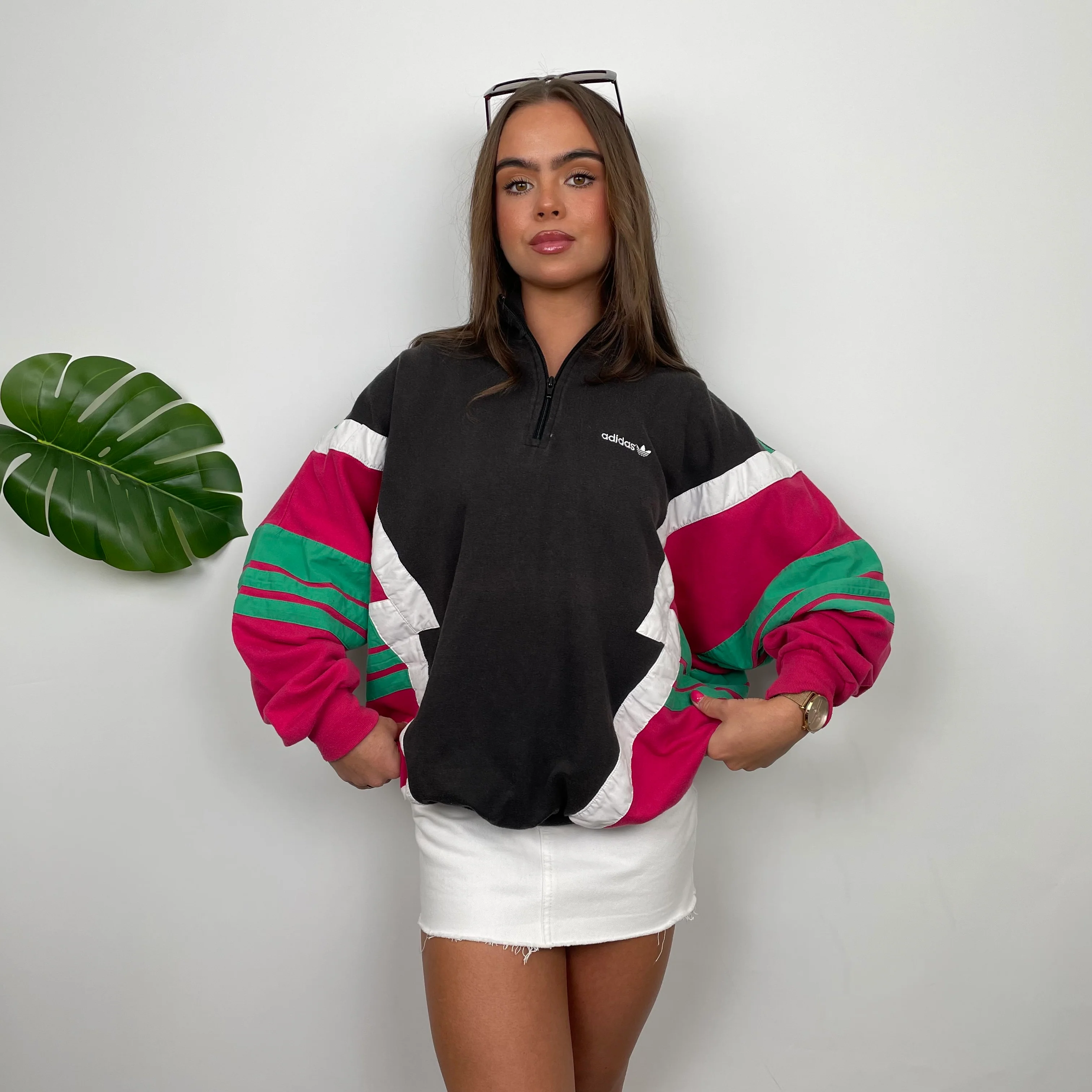 Adidas Colour Block Embroidered Spell Out Quarter Zip Sweatshirt (M) - Image 2