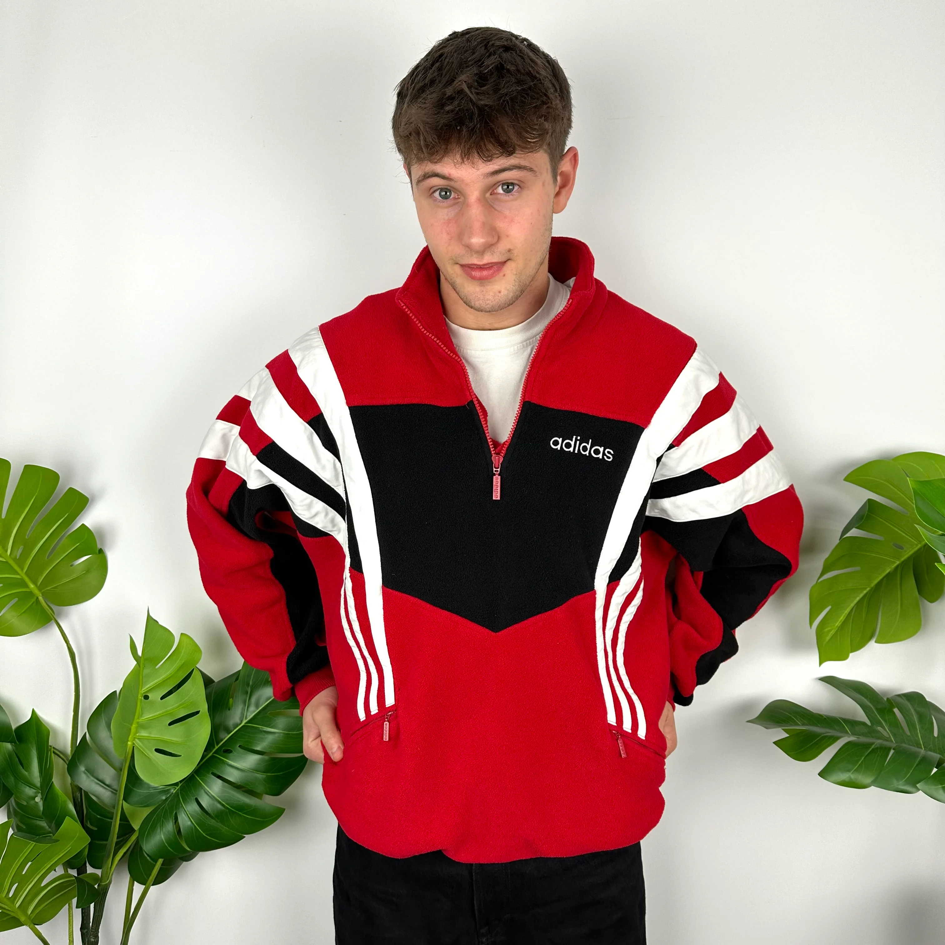 Adidas Colour Block Embroidered Spell Out Teddy Bear Fleece Quarter Zip Sweatshirt (XL)