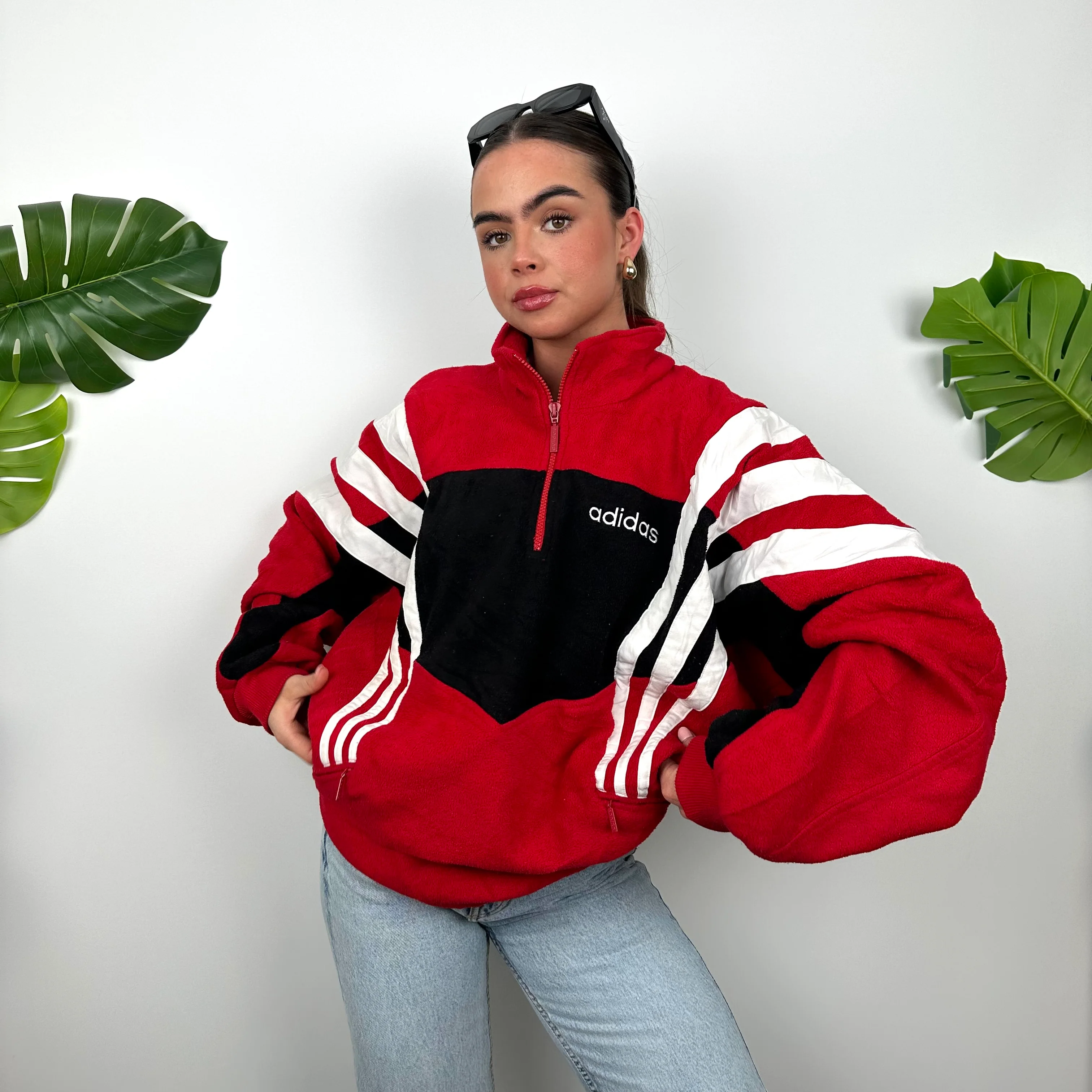 Adidas Colour Block Embroidered Spell Out Teddy Bear Fleece Quarter Zip Sweatshirt (XL) - Image 2